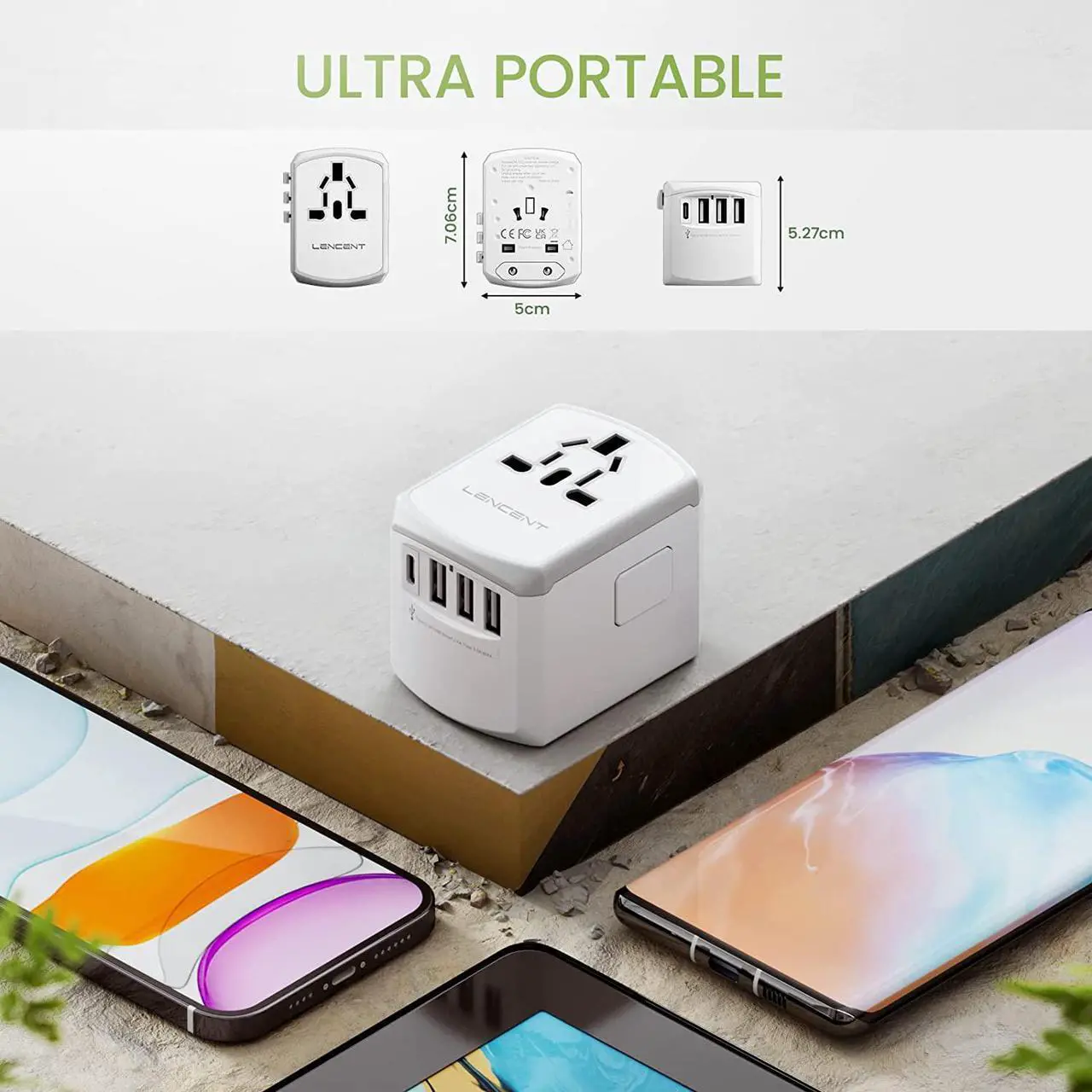 Alt view image 7 of 7 - LENCENT Universal Travel Adapter, International Charger with 3 USB Ports and Type-C PD Fast Charging Adaptor for iPhone, Samsung, Tablet, Gopro. for Over 200 Countries (White)