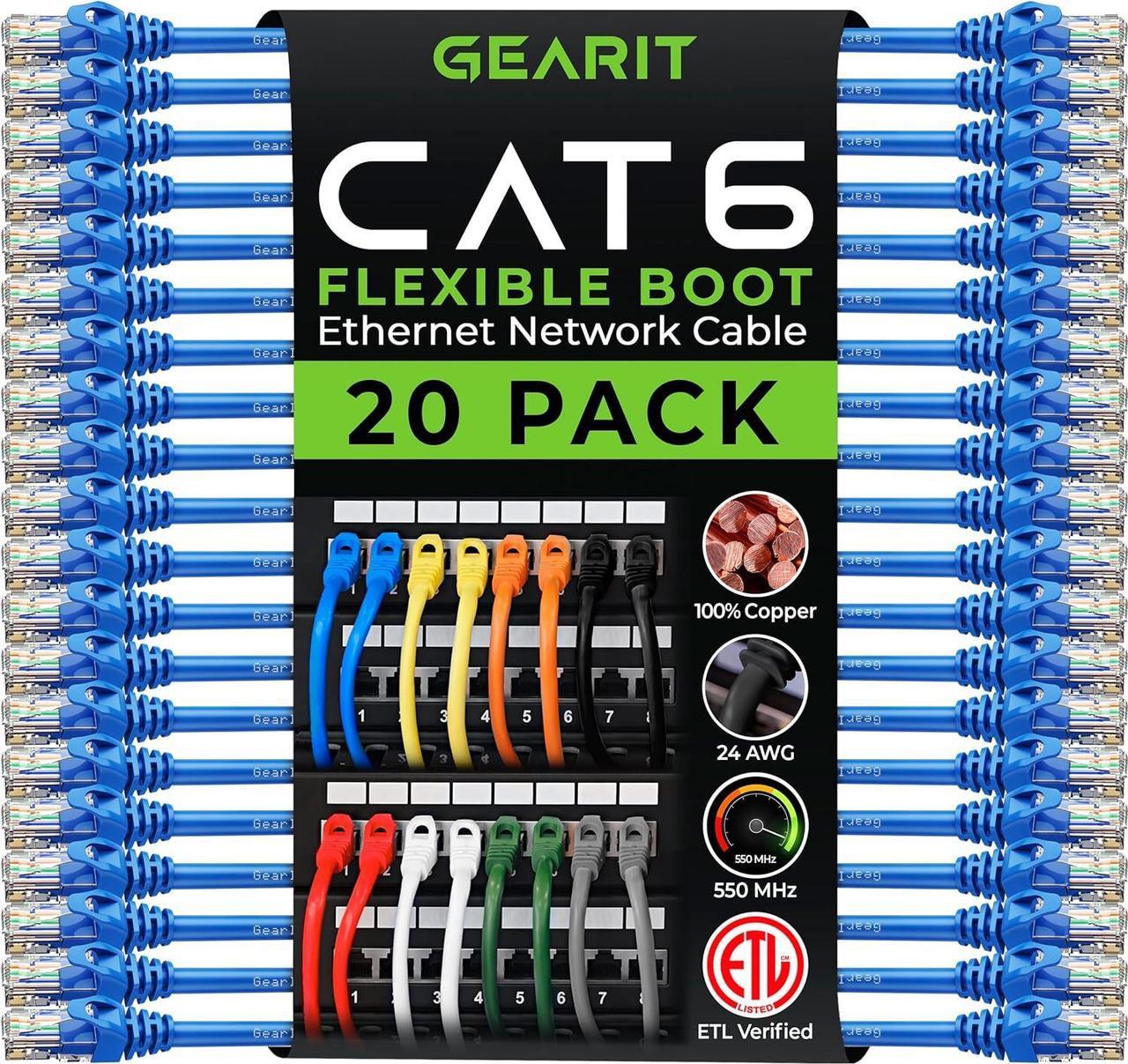 GearIT 20-Pack Cat6 Patch Cable 5 Feet Cat 6 Ethernet Cable Snagless Flexible Soft Tab - Preimum Series - Blue