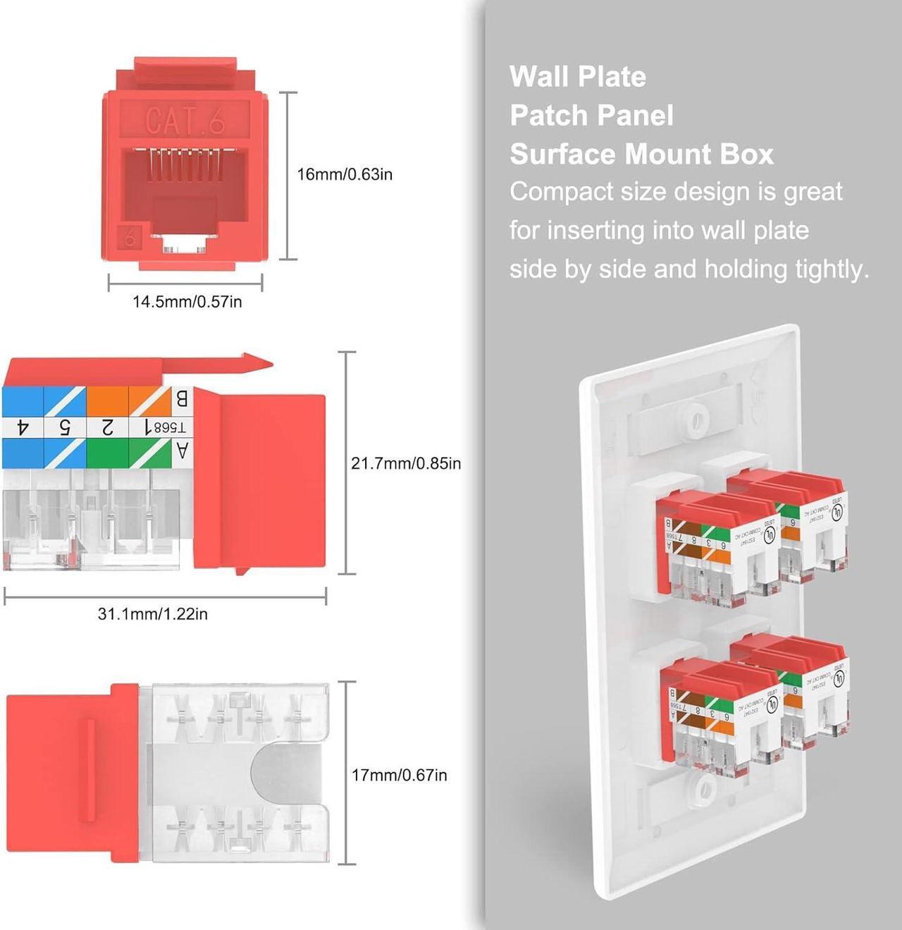 Alt view image 3 of 7 - VCELINK RJ45 Cat6 Keystone Jacks Slim Profile UL-Listed 10-Pack, 90-Degree Ethernet Punch Down Keystone Jack Adapter in Red