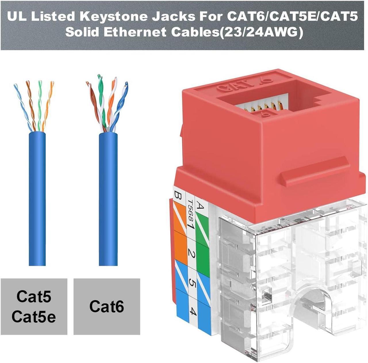 Alt view image 2 of 7 - VCELINK RJ45 Cat6 Keystone Jacks Slim Profile UL-Listed 10-Pack, 90-Degree Ethernet Punch Down Keystone Jack Adapter in Red