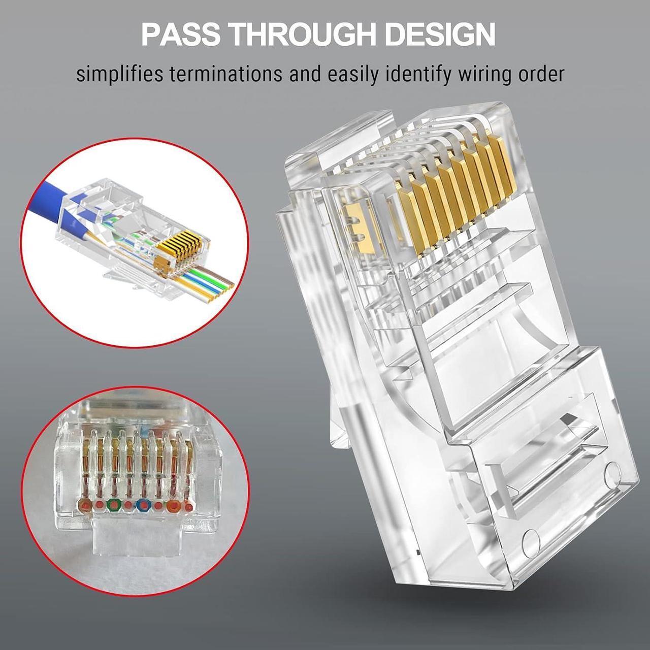 Alt view image 3 of 5 - RJ45 Connector Cat5 Cat5e Pass Through RJ45 Ends Ethernet Modular Plug 100-Pack
