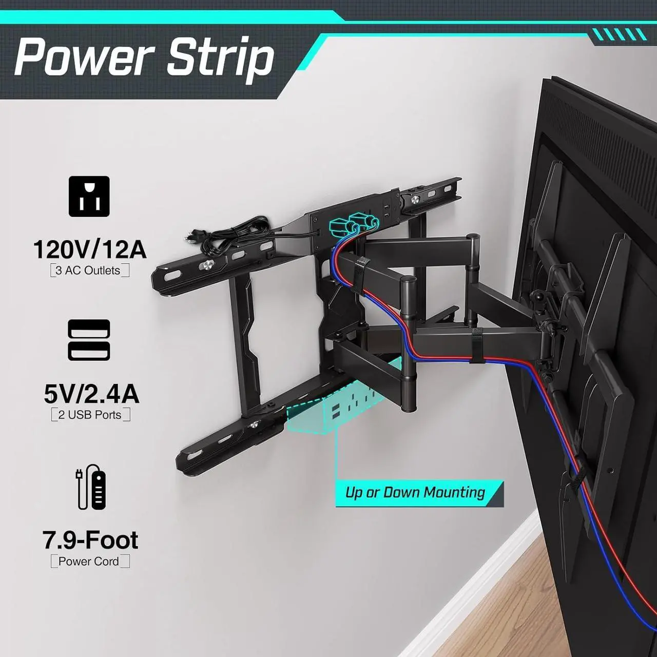 Alt view image 2 of 7 - Greenstell TV Mount with Power Outlet, Full Motion Wall Mount for 47"-84" TVs, Swivel, Tilt and Extension Bracket with Dual Articulating Arms, Max VESA 600x400mm, Holds up to 132lbs