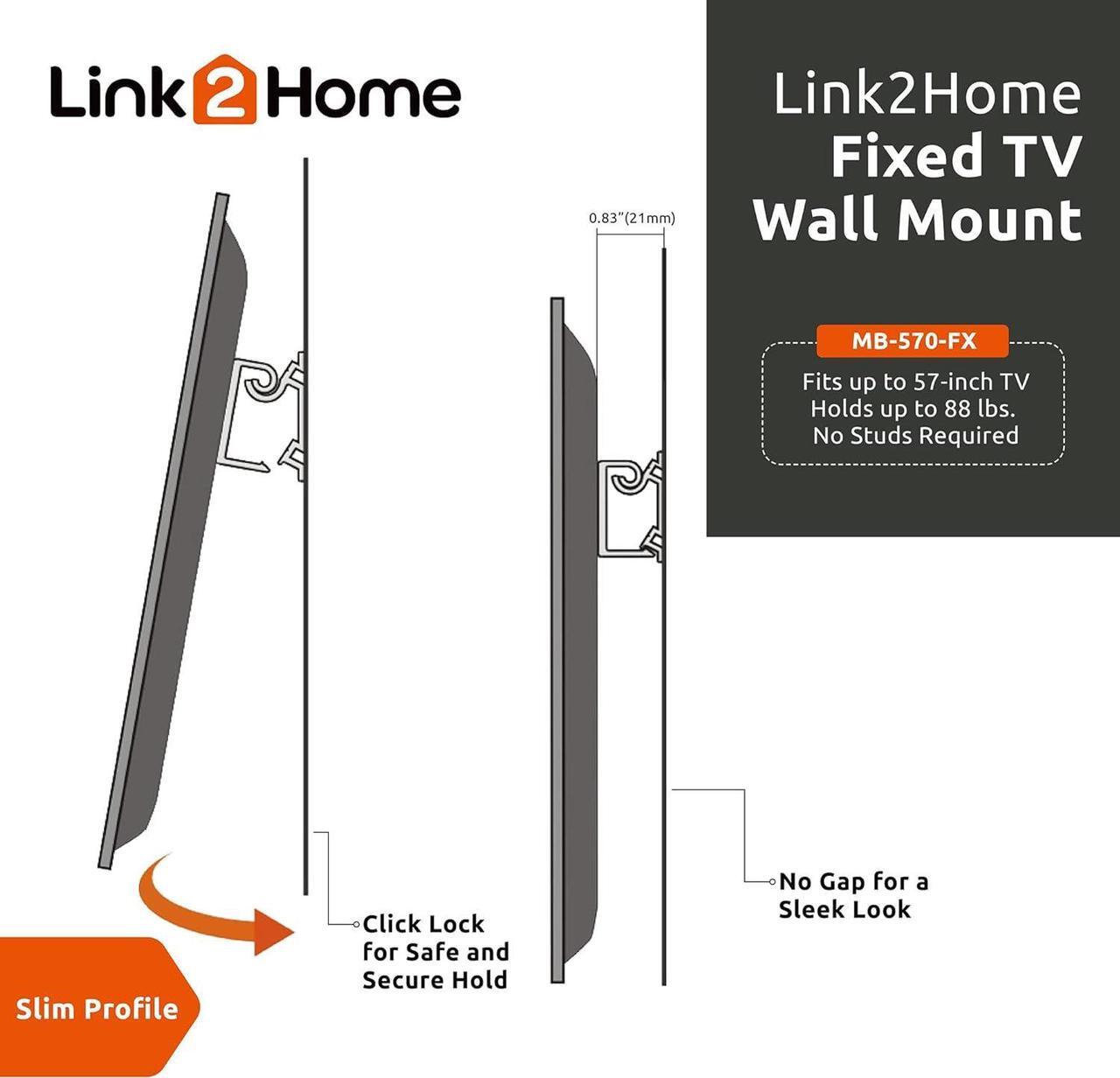 Alt view image 3 of 7 - Link2Home Fixed TV Wall Mount up to 57 inch, Mount Directly on Sheetrock or Plasterboard Walls, No Studs Required, Up to 88 lbs. VESA 100/400, fits LED, LCD, OLED, Flat and Curved TVs, Black Aluminum