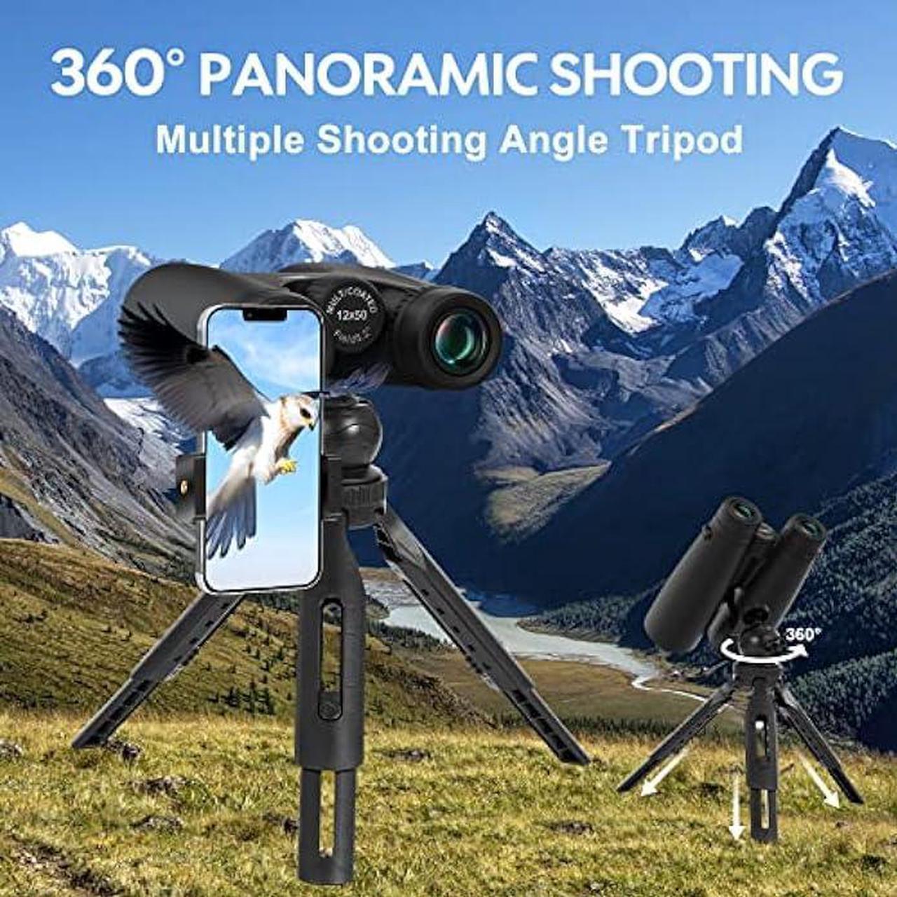 Alt view image 5 of 6 - 12X50 Professional HD Binoculars for Adults with Phone Adapter and Foldable Tripod - High Power Binoculars with Large View - Super Bright Waterproof Binoculars for Bird Watching Hunting Stargazing