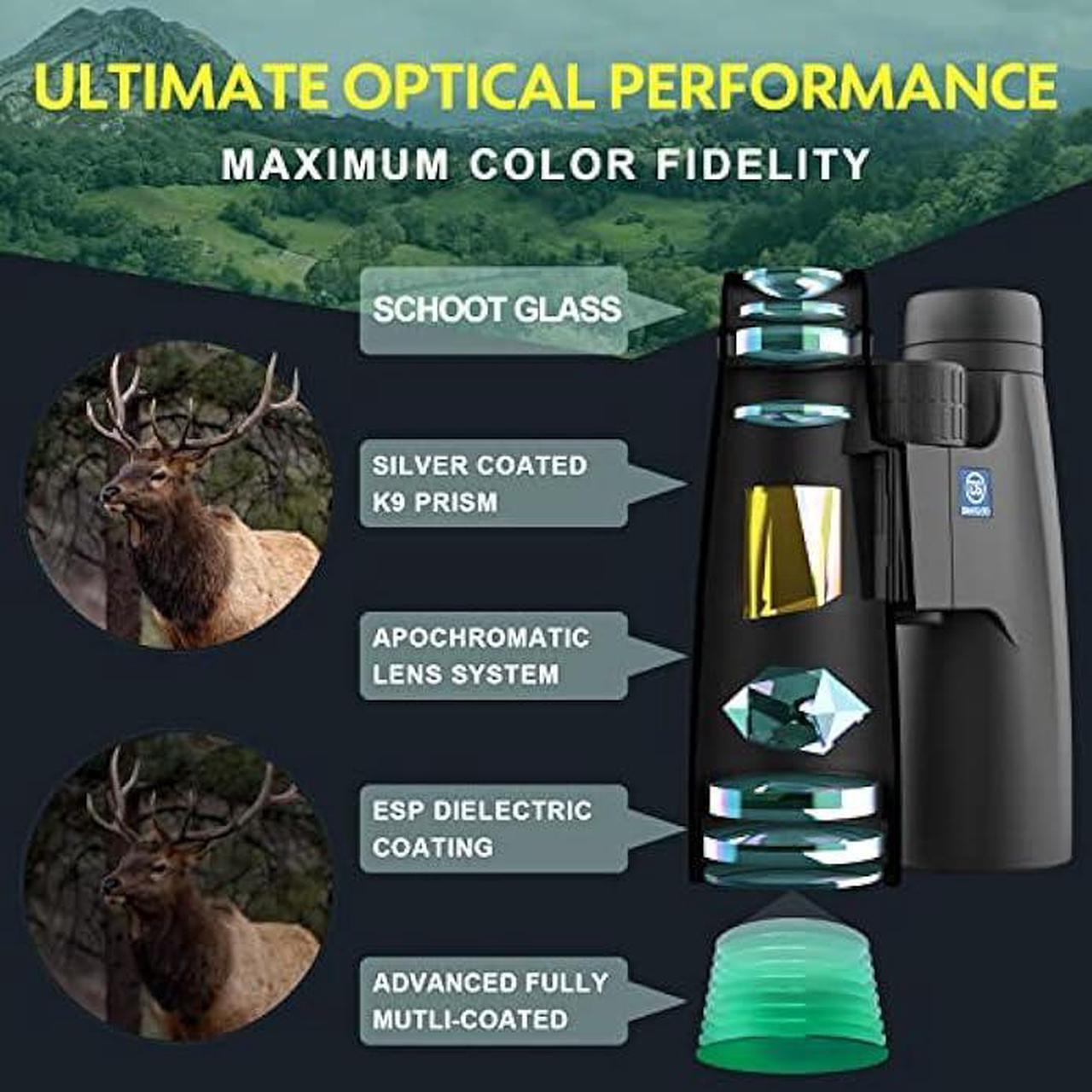 Alt view image 3 of 6 - 12X50 Professional HD Binoculars for Adults with Phone Adapter and Foldable Tripod - High Power Binoculars with Large View - Super Bright Waterproof Binoculars for Bird Watching Hunting Stargazing