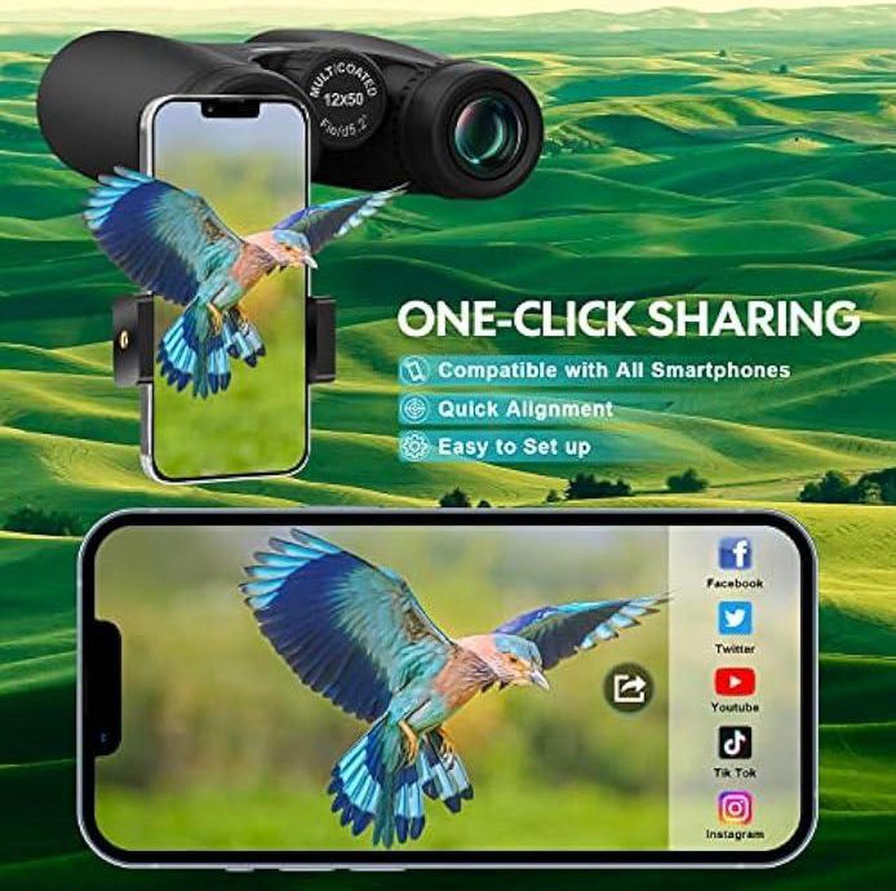Alt view image 4 of 6 - 12X50 Professional HD Binoculars for Adults with Phone Adapter and Foldable Tripod - High Power Binoculars with Large View - Super Bright Waterproof Binoculars for Bird Watching Hunting Stargazing