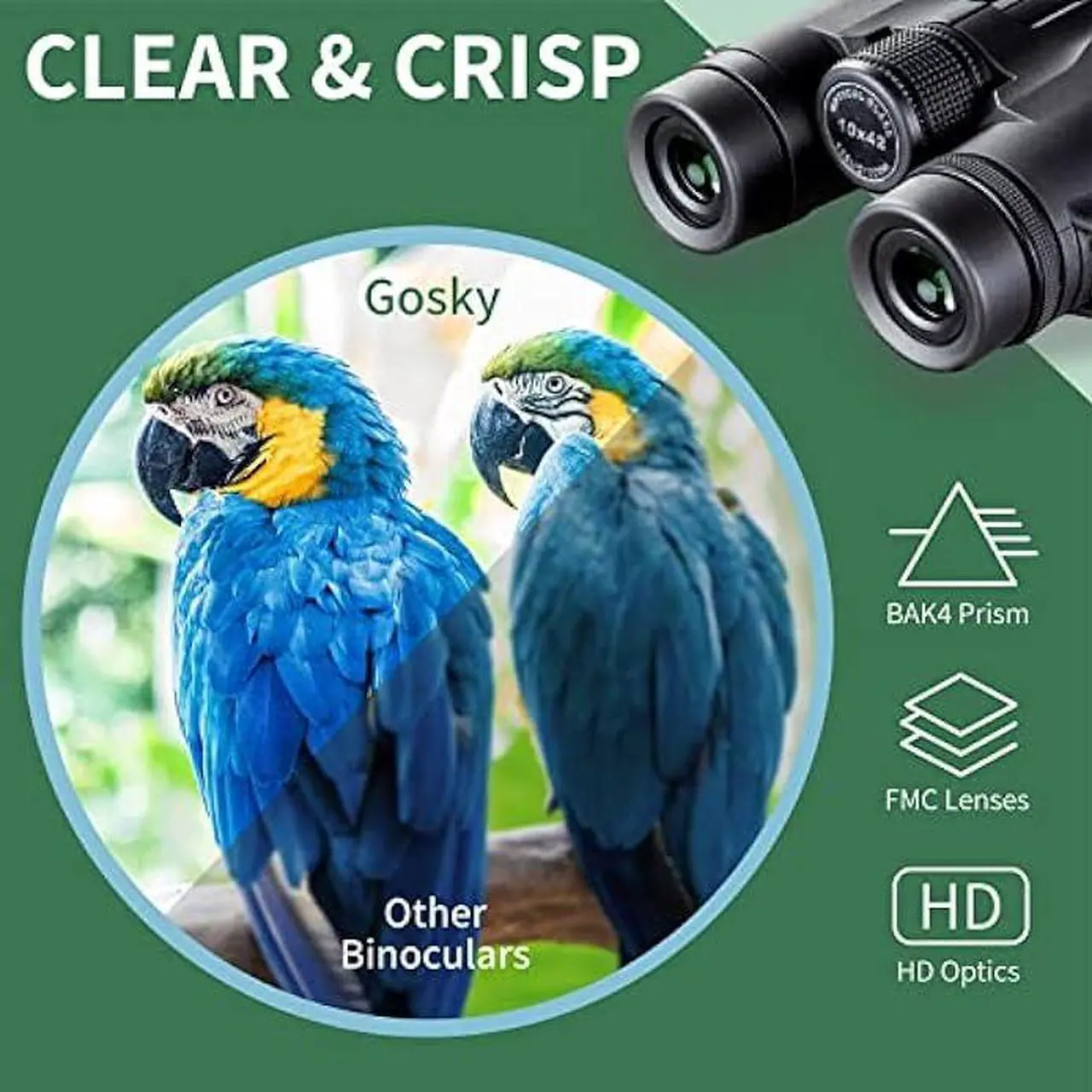 Alt view image 2 of 6 - Gosky 10x42 Roof Prism Binoculars for Adults, HD Professional Binoculars for Bird Watching Travel Stargazing Hunting Concerts Sports-BAK4 Prism FMC Lens-with Phone Mount Strap Carrying Bag