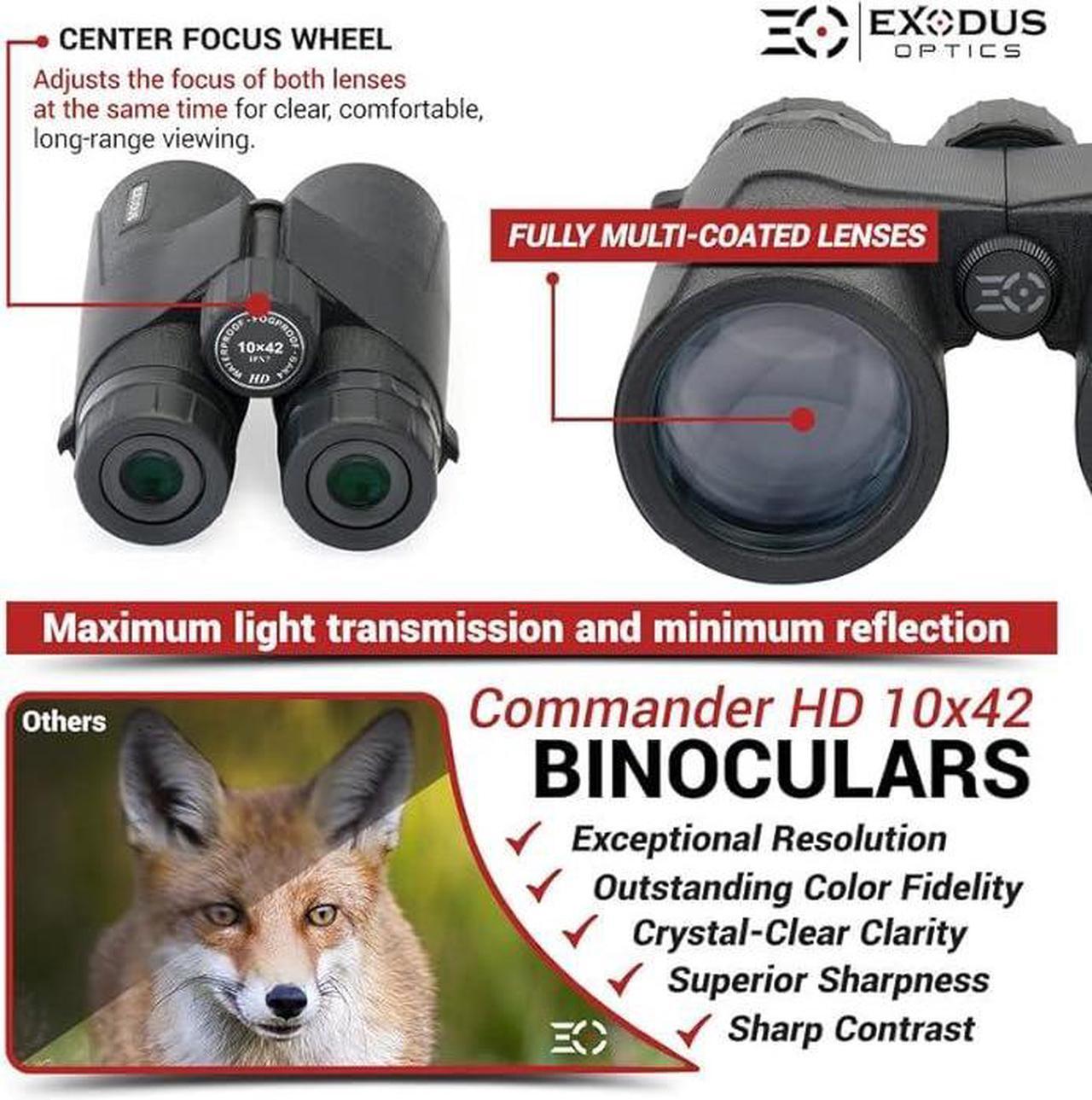 Alt view image 6 of 6 - EXODUS OPTICS Commander HD 10x42 Compact Binoculars for Adults - High Powered Waterproof Binoculars for Bird Watching, Hunting - Long Range Travel Binoculars for Stargazing with 10x Zoom
