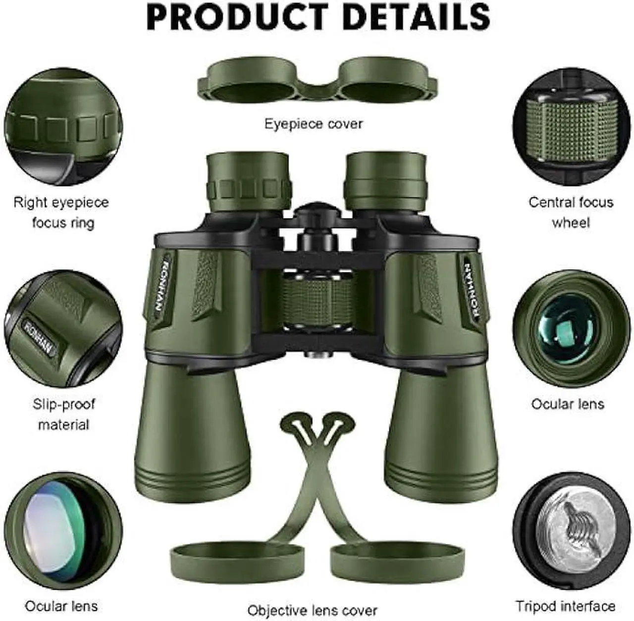 Alt view image 4 of 6 - 20x50 High Power Military Binoculars, Compact HD Professional/Daily Waterproof Binoculars Telescope for Adults Bird Watching Travel Hunting Football Games with Carrying Case and Strap(Green)
