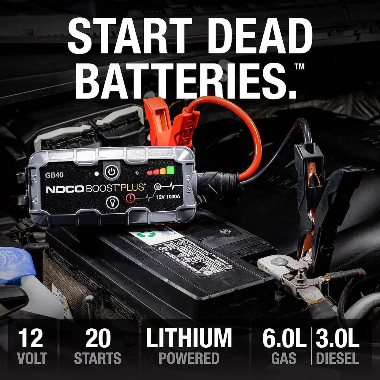 Alt view image 2 of 6 - NOCO Boost Plus GB40 1000A UltraSafe Car Battery Jump Starter, 12V Battery Pack, Battery Booster, Jump Box, Portable Charger and Jumper Cables for 6.0L Gasoline and 3.0L Diesel Engines, Gray