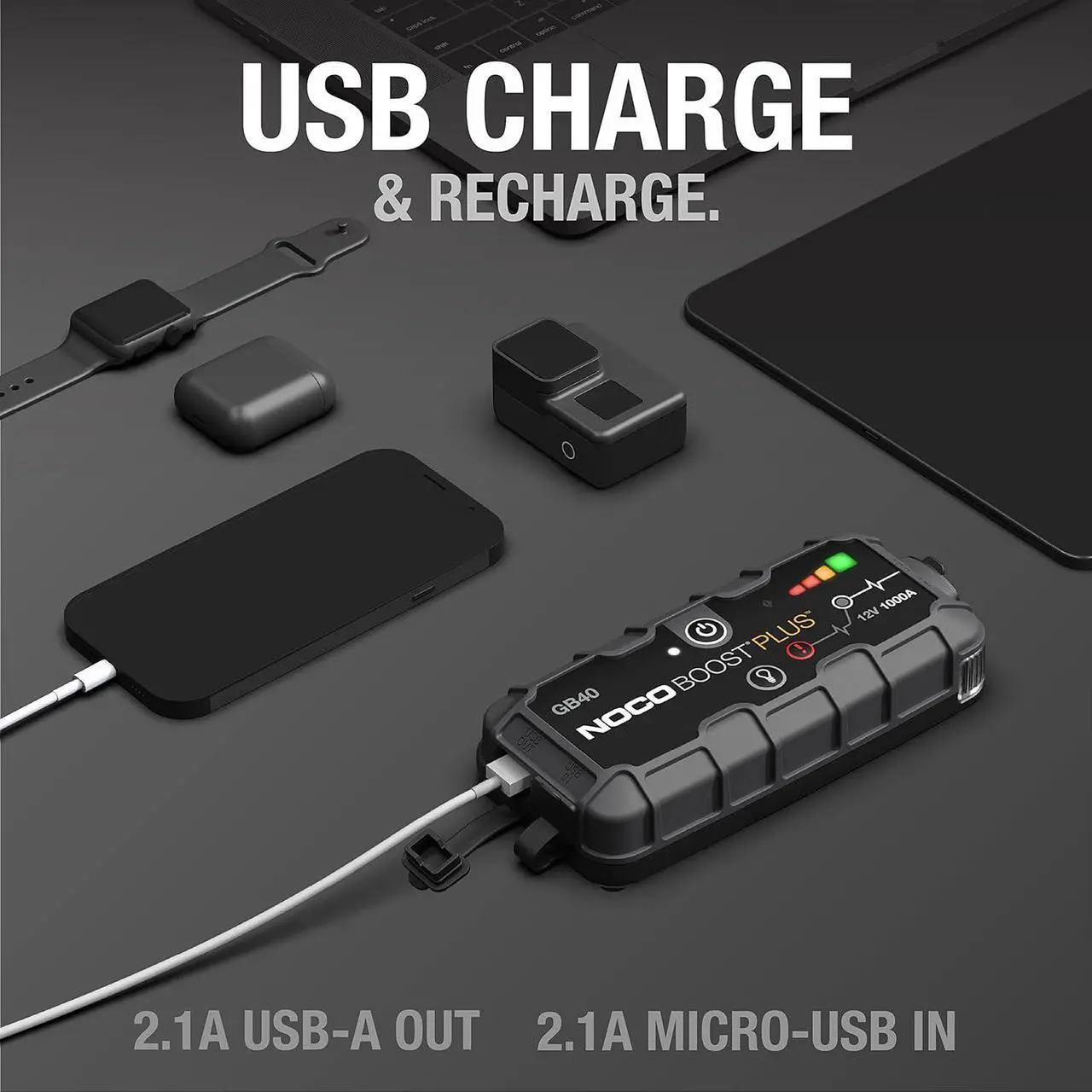 Alt view image 4 of 6 - NOCO Boost Plus GB40 1000A UltraSafe Car Battery Jump Starter, 12V Battery Pack, Battery Booster, Jump Box, Portable Charger and Jumper Cables for 6.0L Gasoline and 3.0L Diesel Engines, Gray