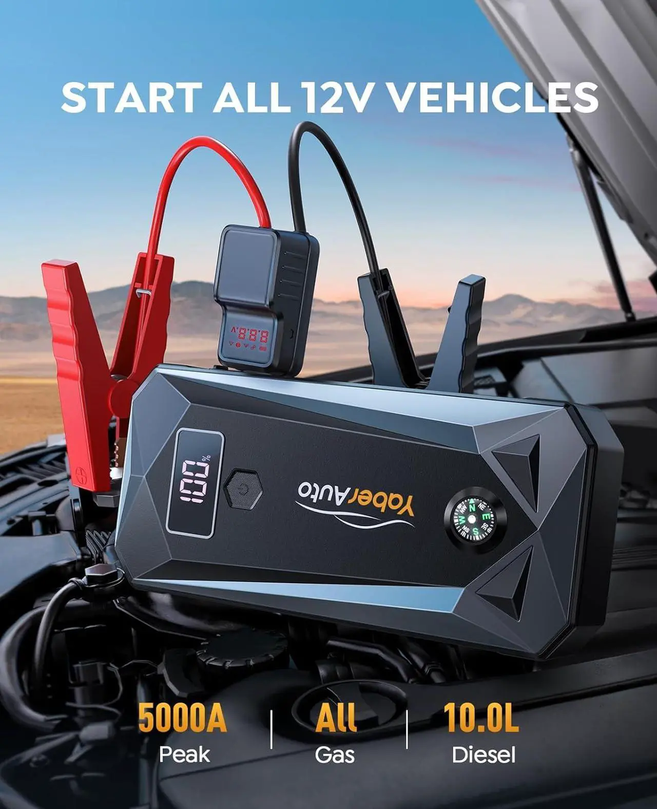 Alt view image 2 of 5 - YaberAuto 5000A Car Battery Jump Starter for All Gas/10.0L Diesel Engines, 99.16Wh Portable Car Jump Starter Battery Pack, 12V Car Battery Jumper with Safety Jumper Cables, Fast Charge 3.0, Lights