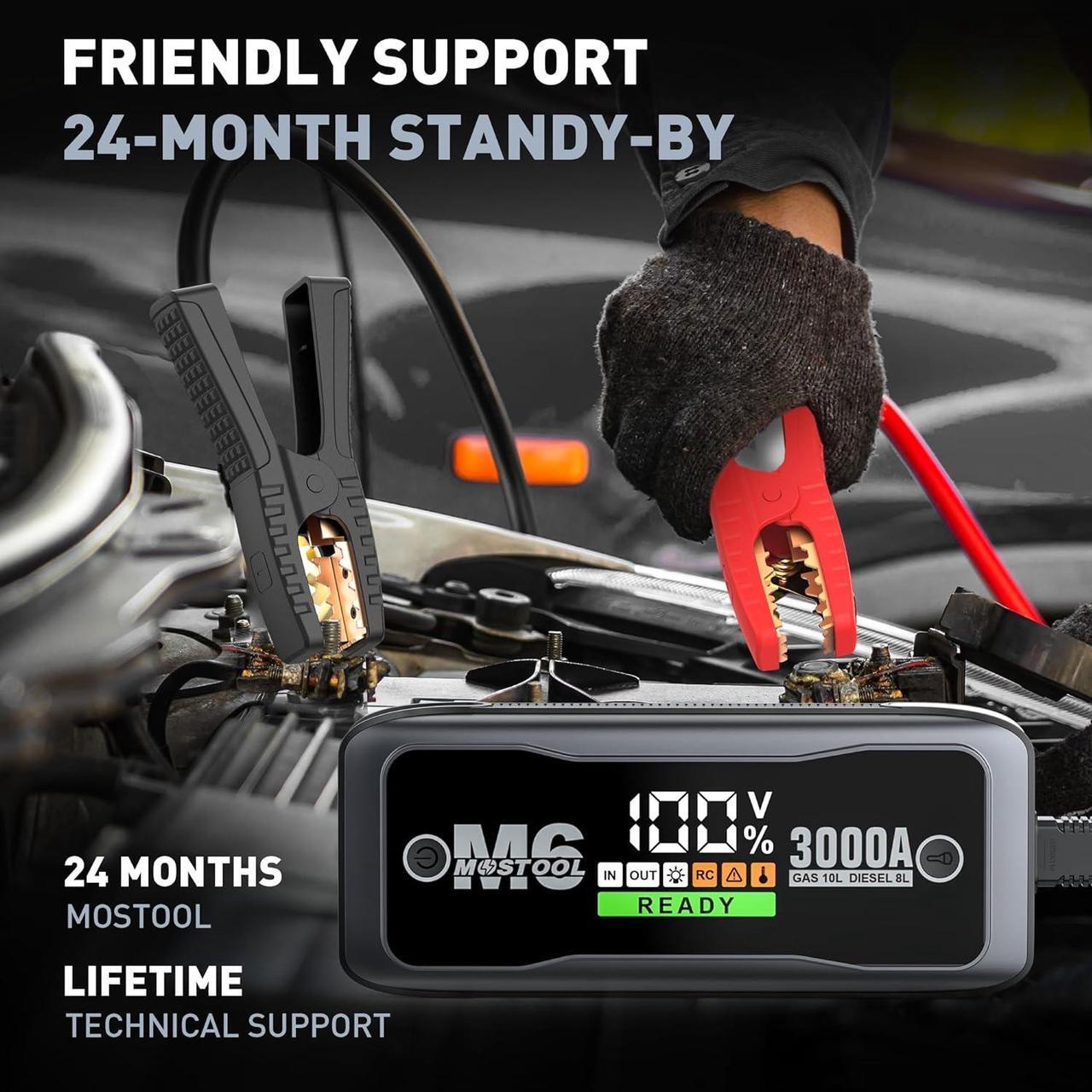 Alt view image 7 of 7 - MOSTOOL M6 3000A Peak Car Battery Jump Starter Battery Pack, Portable Jumper Box, Battery Booster Start, 12V Car Battery Charger and Jumper Cables for 10.0L Gas and 8.0L Diesel Engines
