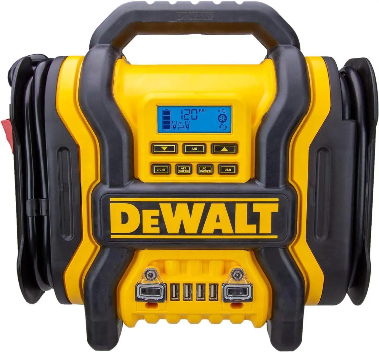 Main image of DEWALT DXAEPS14 1600 Peak Battery Amp 12V Automotive Jump Starter/Power Station with 500 Watt AC Power Inverter, 120 PSI Digital Compressor, and USB Power , Yellow