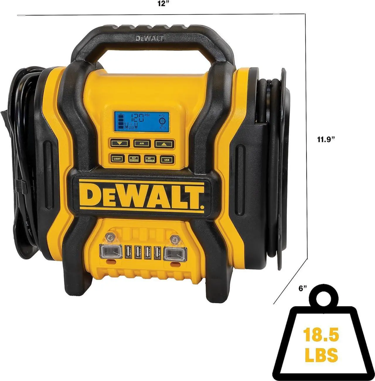 Alt view image 2 of 7 - DEWALT DXAEPS14 1600 Peak Battery Amp 12V Automotive Jump Starter/Power Station with 500 Watt AC Power Inverter, 120 PSI Digital Compressor, and USB Power , Yellow