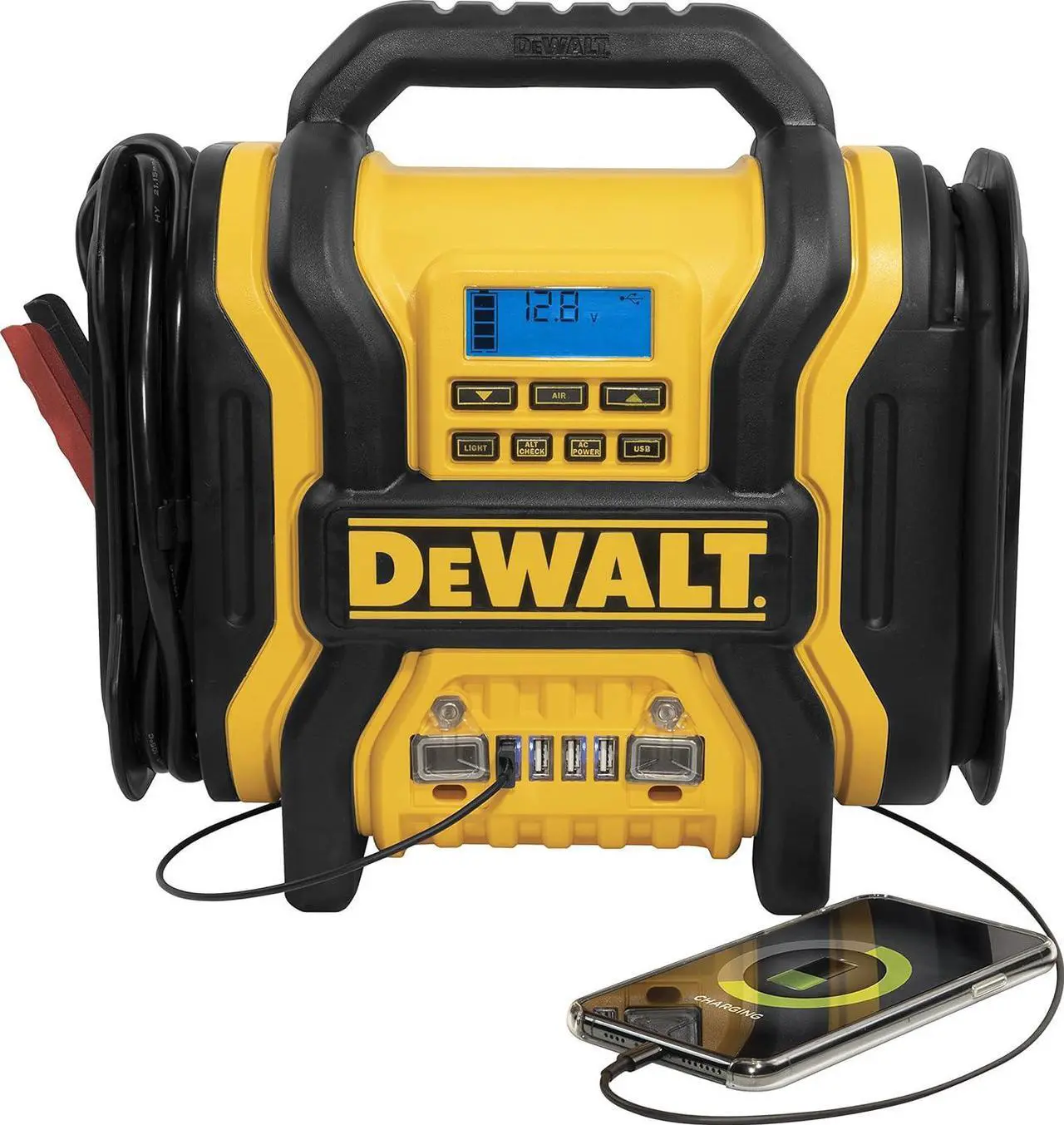 Alt view image 6 of 7 - DEWALT DXAEPS14 1600 Peak Battery Amp 12V Automotive Jump Starter/Power Station with 500 Watt AC Power Inverter, 120 PSI Digital Compressor, and USB Power , Yellow