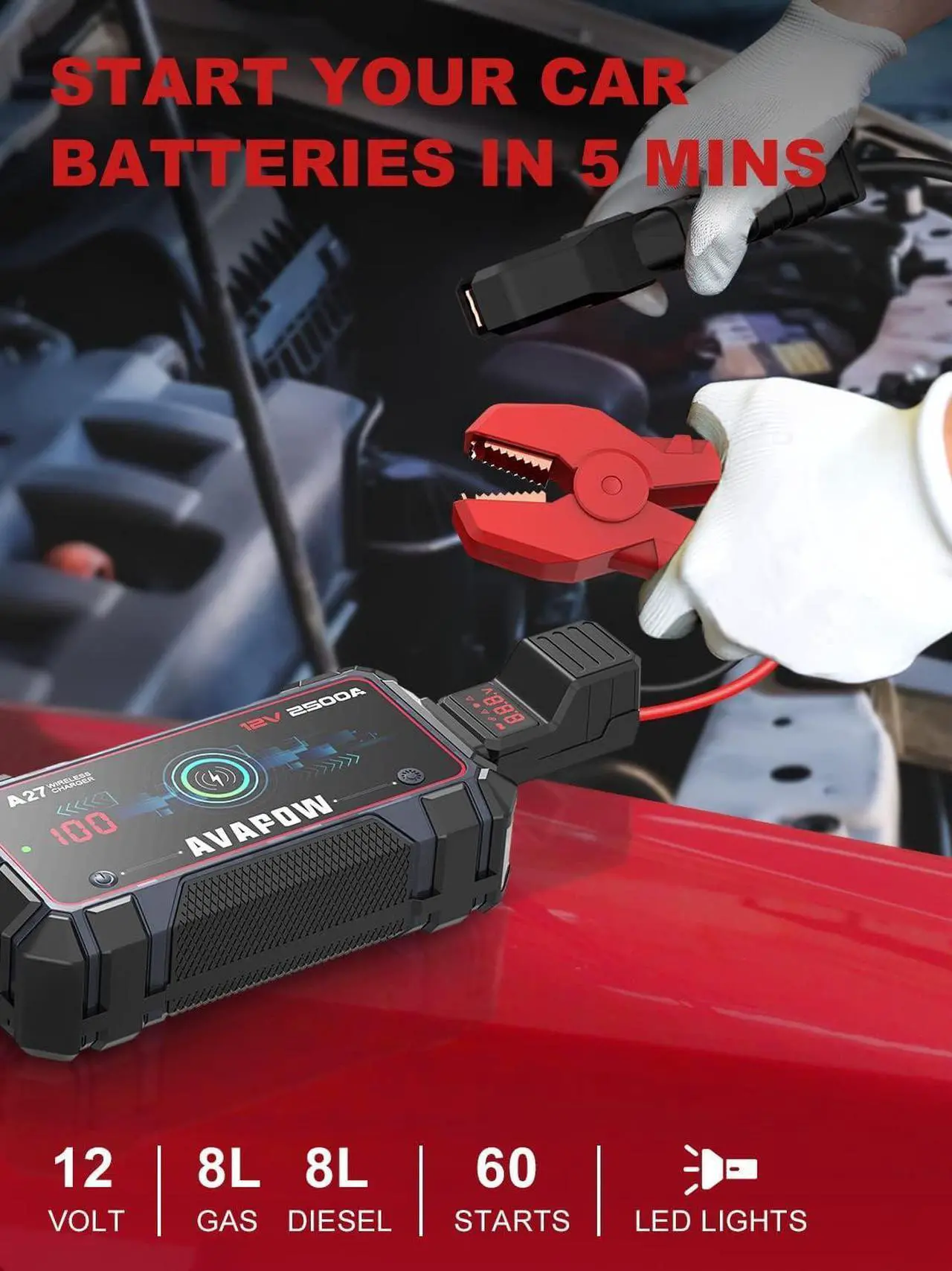 Alt view image 3 of 7 - AVAPOW Jump Starter Car Battery 2500A Peak,Portable Jump Starters for Up to 8L Gas 8L Diesel Engine with Booster Function,Wireless Charging Design,12V Lithium Jump Pack with Smart Safety Clamp