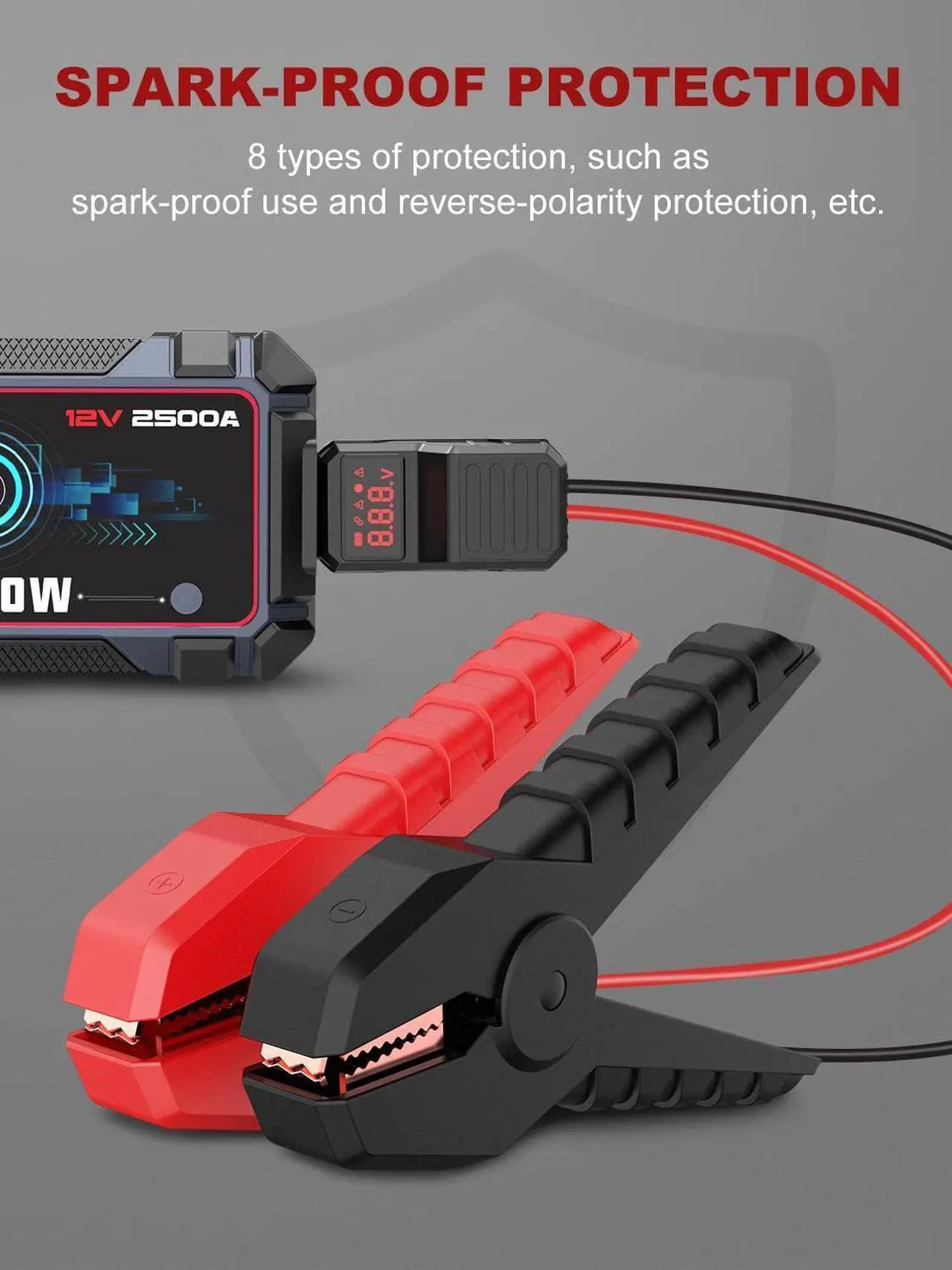 Alt view image 6 of 7 - AVAPOW Jump Starter Car Battery 2500A Peak,Portable Jump Starters for Up to 8L Gas 8L Diesel Engine with Booster Function,Wireless Charging Design,12V Lithium Jump Pack with Smart Safety Clamp