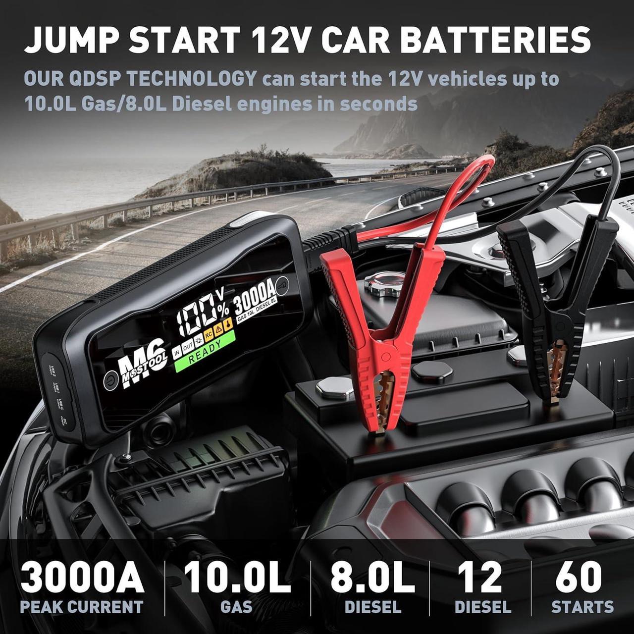 Alt view image 3 of 7 - MOSTOOL M6 3000A Peak Car Battery Jump Starter Battery Pack, Portable Jumper Box, Battery Booster Start, 12V Car Battery Charger and Jumper Cables for 10.0L Gas and 8.0L Diesel Engines