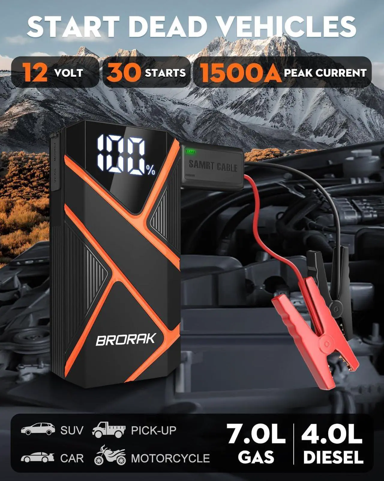 Alt view image 2 of 6 - BRORAK Car Jump Starter Battery Pack, 1500A Jump Box for Car Battery Jump Starter, 12V Portable Jump Starter (Up to 7.0L Gas & 4.0L Diesel) Jump Pack with 3 Modes Flashlight and Jumper Cables