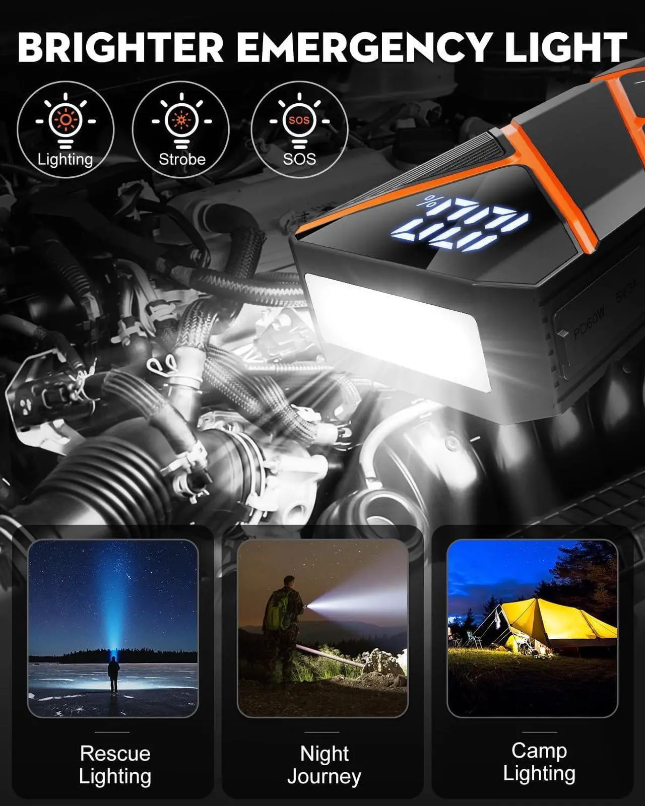 Alt view image 3 of 6 - BRORAK Car Jump Starter Battery Pack, 1500A Jump Box for Car Battery Jump Starter, 12V Portable Jump Starter (Up to 7.0L Gas & 4.0L Diesel) Jump Pack with 3 Modes Flashlight and Jumper Cables