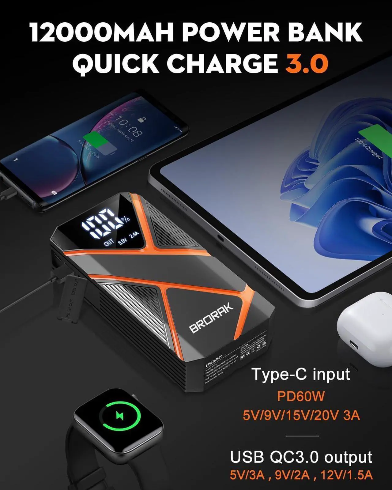 Alt view image 4 of 6 - BRORAK Car Jump Starter Battery Pack, 1500A Jump Box for Car Battery Jump Starter, 12V Portable Jump Starter (Up to 7.0L Gas & 4.0L Diesel) Jump Pack with 3 Modes Flashlight and Jumper Cables