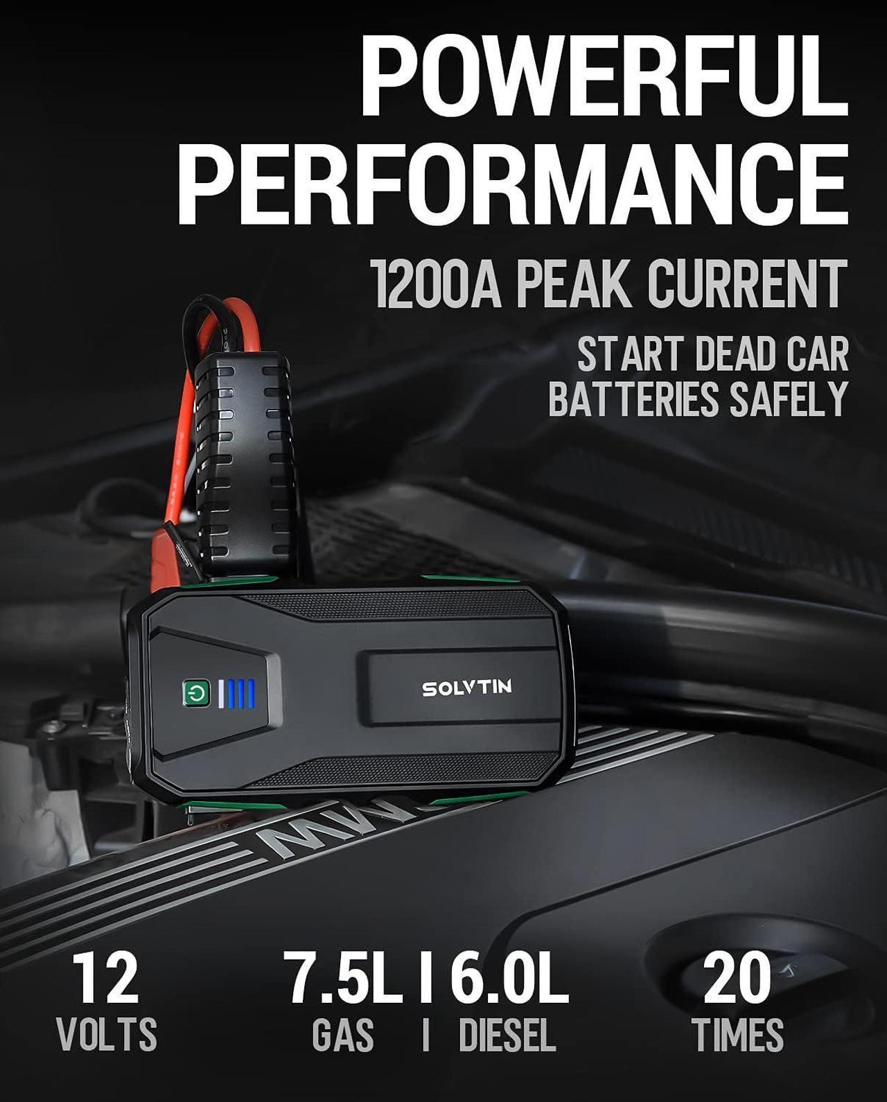 Alt view image 2 of 7 - SOLVTIN S6 Jump Starter 1200A Car Starter for up to 7.5L Gas and 6.0L Diesel Engine 12V Battery Jump Starter with Smart Jumper Cables Portable Power Bank with PD 18W, QC 3.0 Port and LED Light
