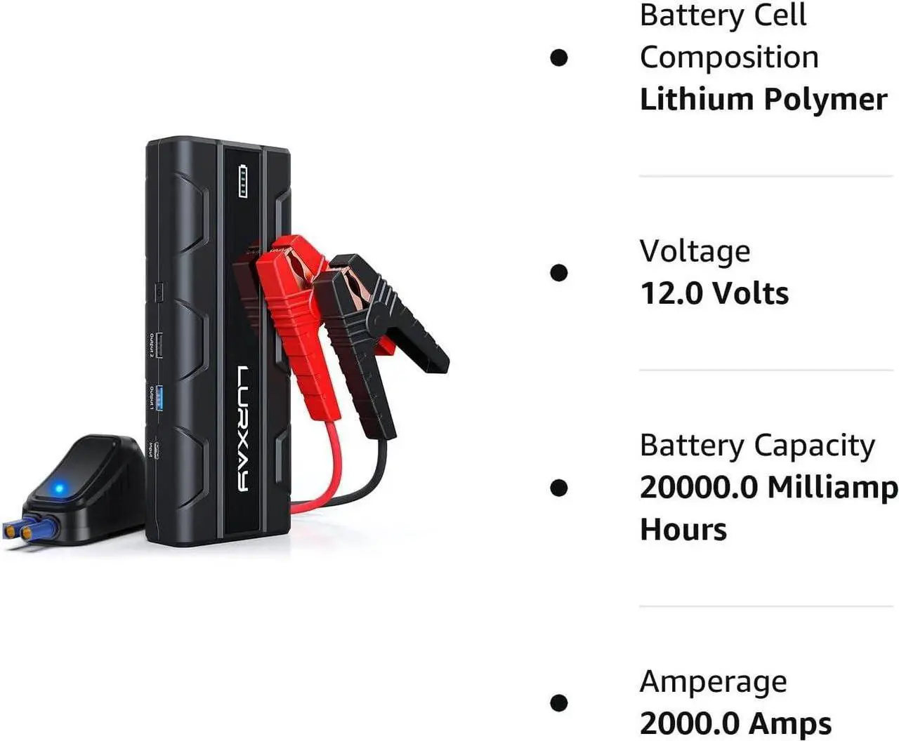 Alt view image 2 of 2 - Car Jump Starter  2000A Jump Box 20000mAh for up to 10L Gas and 5.5L Diesel Engines, 12V Car Battery Charger Jump Starter with USB/Type C Quick Charge, Portable Power Bank with LED Display and Light