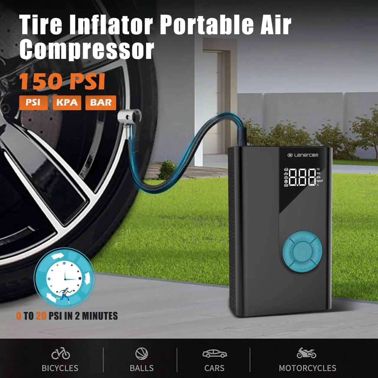 Alt view image 3 of 5 - Jump Starter with Air Compressor,Lenercom 1500A Car Battery Jump Starter with 150PSI Digital Tire Inflator,12V Auto Battery Booster with USB Quick Charge 3.0 (Up to 7.0L Gas/4.0L Diesel Engine)