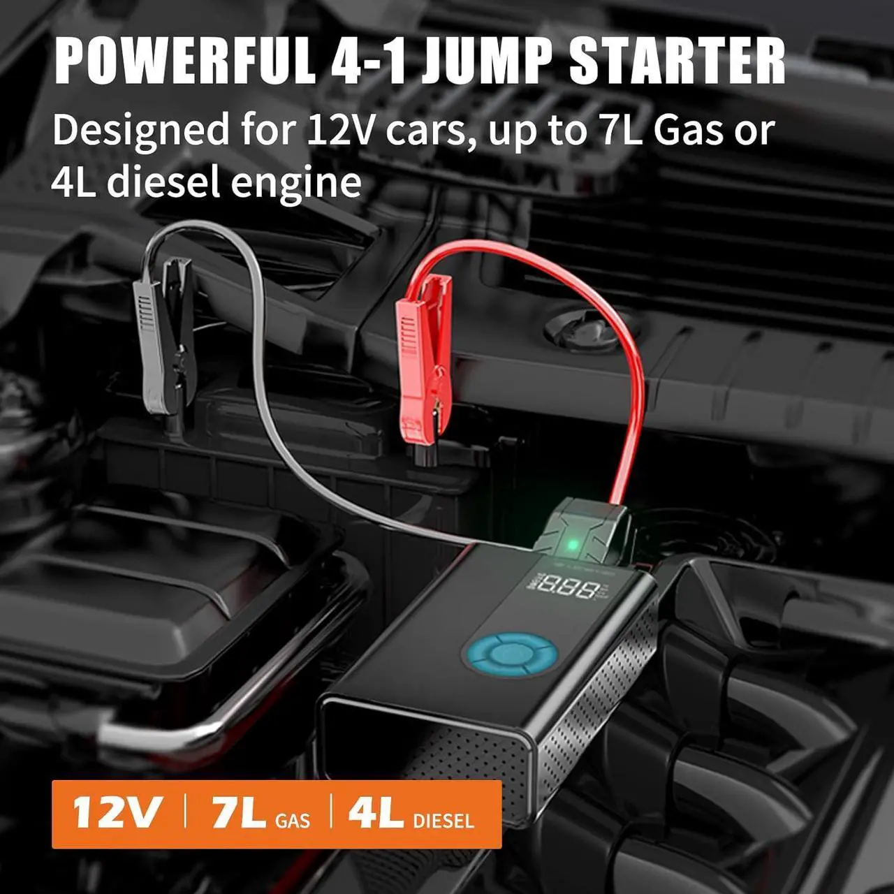 Alt view image 2 of 5 - Jump Starter with Air Compressor,Lenercom 1500A Car Battery Jump Starter with 150PSI Digital Tire Inflator,12V Auto Battery Booster with USB Quick Charge 3.0 (Up to 7.0L Gas/4.0L Diesel Engine)