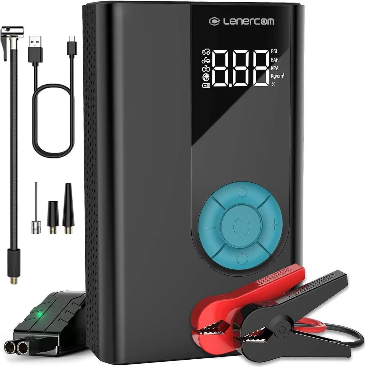 Main image of Jump Starter with Air Compressor,Lenercom 1500A Car Battery Jump Starter with 150PSI Digital Tire Inflator,12V Auto Battery Booster with USB Quick Charge 3.0 (Up to 7.0L Gas/4.0L Diesel Engine)
