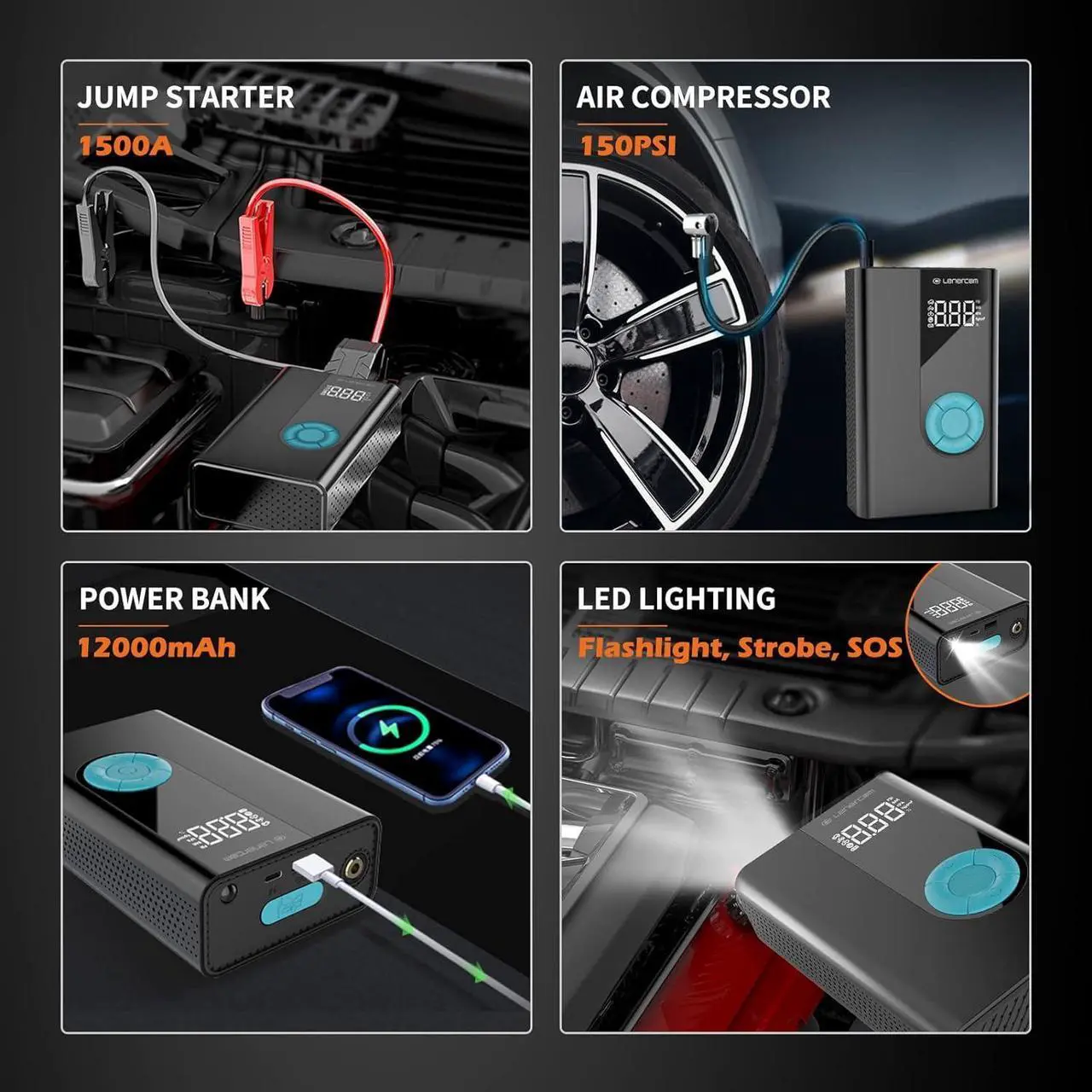 Alt view image 5 of 5 - Jump Starter with Air Compressor,Lenercom 1500A Car Battery Jump Starter with 150PSI Digital Tire Inflator,12V Auto Battery Booster with USB Quick Charge 3.0 (Up to 7.0L Gas/4.0L Diesel Engine)