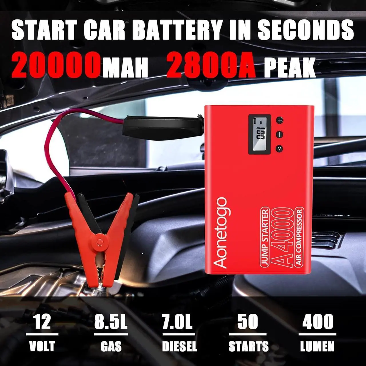 Alt view image 2 of 7 - Jump Starter with Air Compressor,2800A Peak 20000mAh Portable Battery Booster (Up to 8.5L Gas/7L Diesel Engines) with 100PSI Digital Tire Inflator,12V Car Lithium Battery Jump Box Pack Power Charger