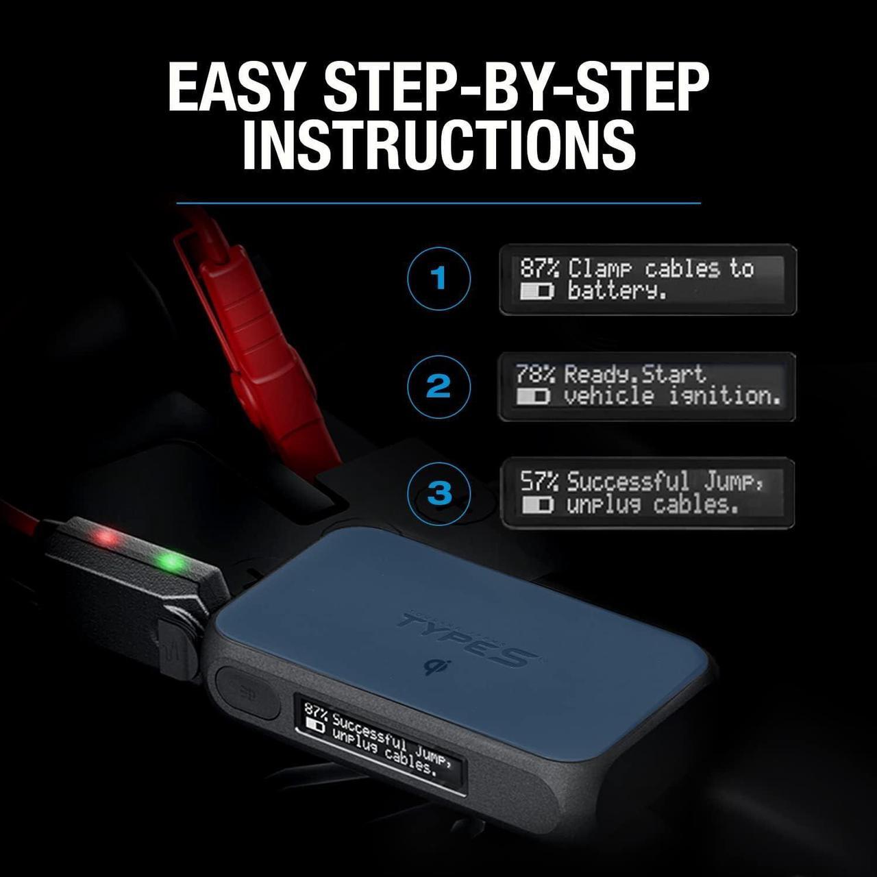 Alt view image 6 of 7 - Type S Car Battery Jump Starter Power Bank Portable, 12V 400A 6.0L Gas 3.0L Diesel, LCD Display Step by Step Guide, 8000mAh, Qi Wireless Charging, LED Flashlight, USB-C USB-A, UL Listed (Blue)