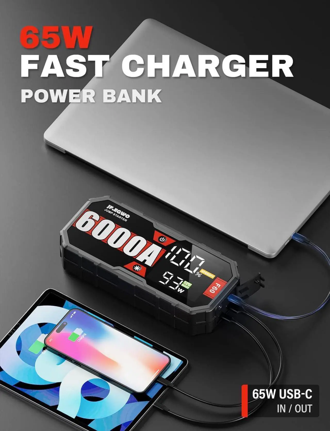 Alt view image 5 of 7 - JF.EGWO 6000A Jump Starter Battery Pack(for 13.0+L Gas or up to 13.0+L Diesel), 12V Potable Heavy Duty Car Jump Starter 65W Two-Way Fast Charging and DC Output, 12V Auto Battery Booster Jump Box