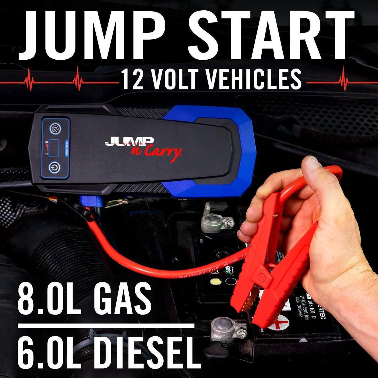 Alt view image 2 of 6 - Clore Automotive JNC325 Jump-N-Carry 12 Volt Lithium Jump Starter - 450 Start Assist Amp for up to 8-Liter Gasoline and 6-Liter Diesel Engines
