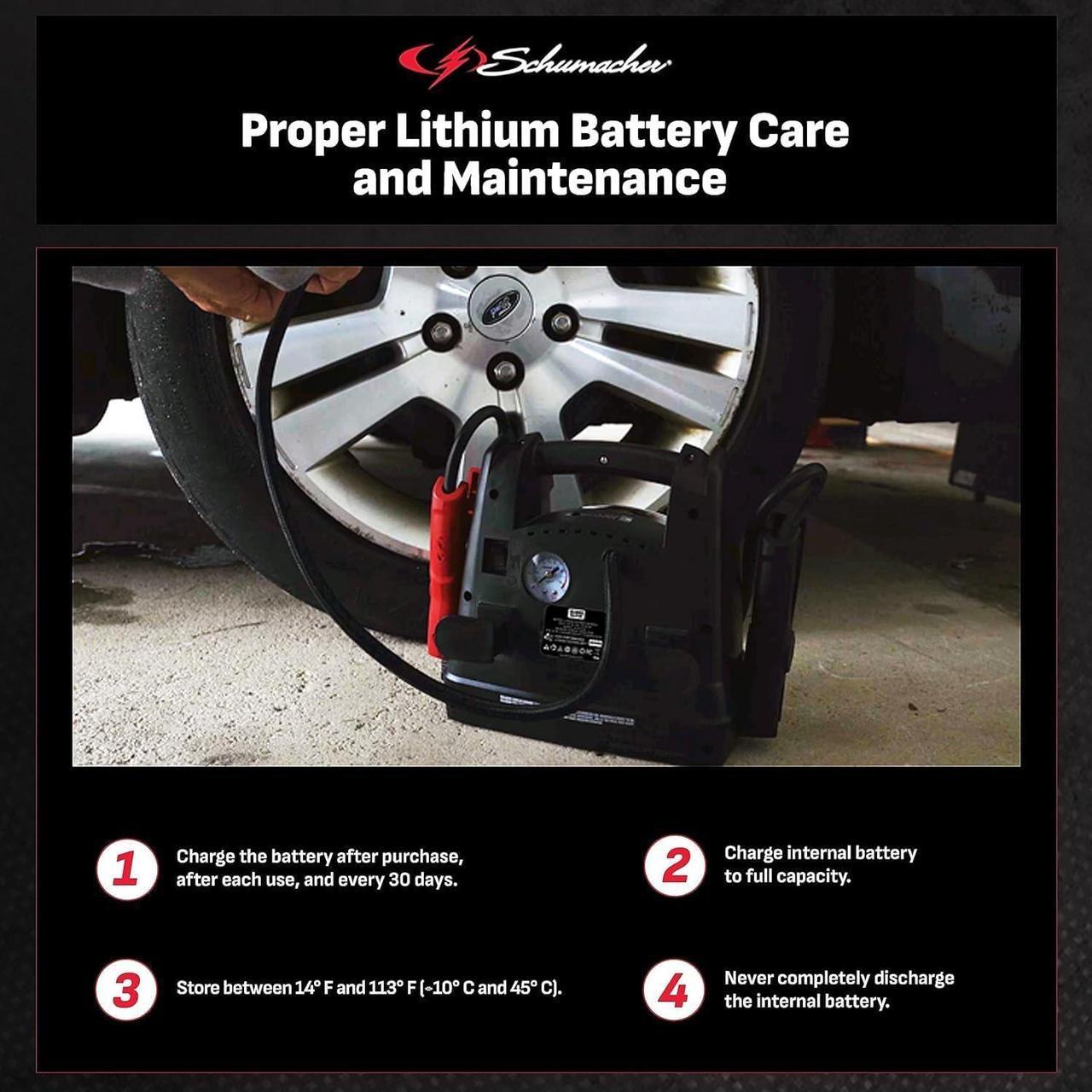Alt view image 5 of 7 - Schumacher SL1562 Lithium Portable Power Station -150 PSI Air Compressor, 1200A 12V Jump Starter, for 8.0L Gas | 6.0L Diesel Engines  Charge Apple, Samsung and Android Devices