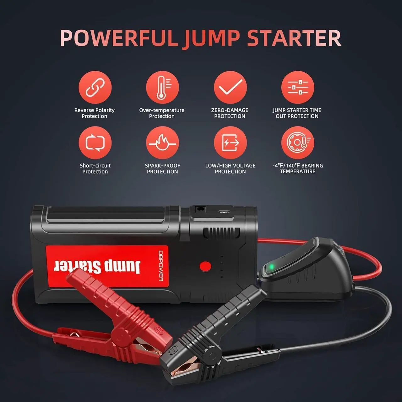 Alt view image 3 of 7 - DBPOWER Jump Starter 2750A Peak 76.96Wh Portable Car Jump Starter (Up to 10L Gas/8L Diesel Engine) 12V Auto Battery Booster Pack with Smart Clamp Cables, Quick Charger, LED Light Jump Box