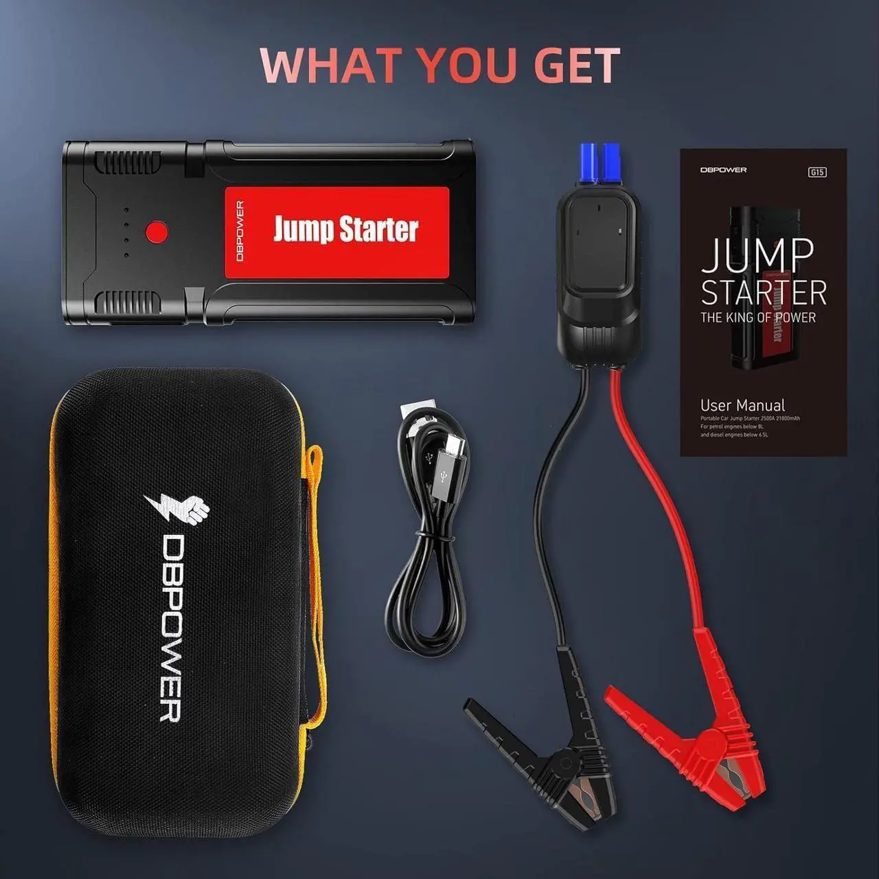 Alt view image 7 of 7 - DBPOWER Jump Starter 2750A Peak 76.96Wh Portable Car Jump Starter (Up to 10L Gas/8L Diesel Engine) 12V Auto Battery Booster Pack with Smart Clamp Cables, Quick Charger, LED Light Jump Box