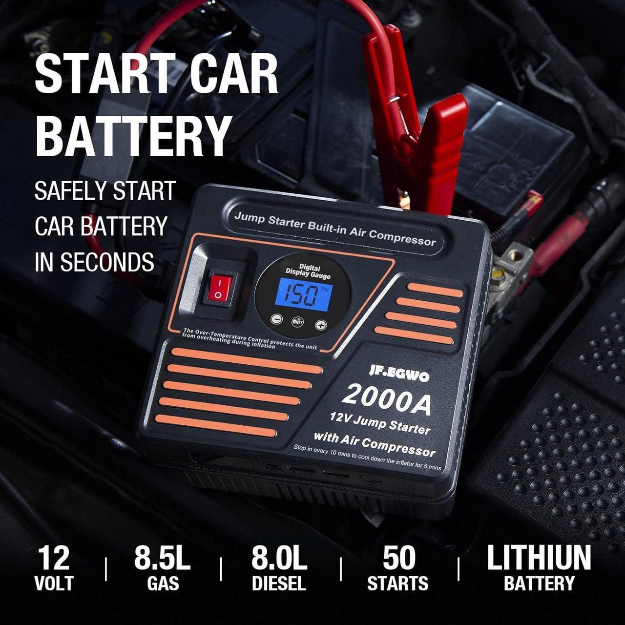 Alt view image 2 of 7 - JF.EGWO 2000A Car Jump Starter with Air Compressor, 22000mAh Battery Booster (Up to 8.5L Gas or 8.0L Diesel Engine) &150 PSI Tire Inflator, Built-in 2 USB Ports and 2 LED Light