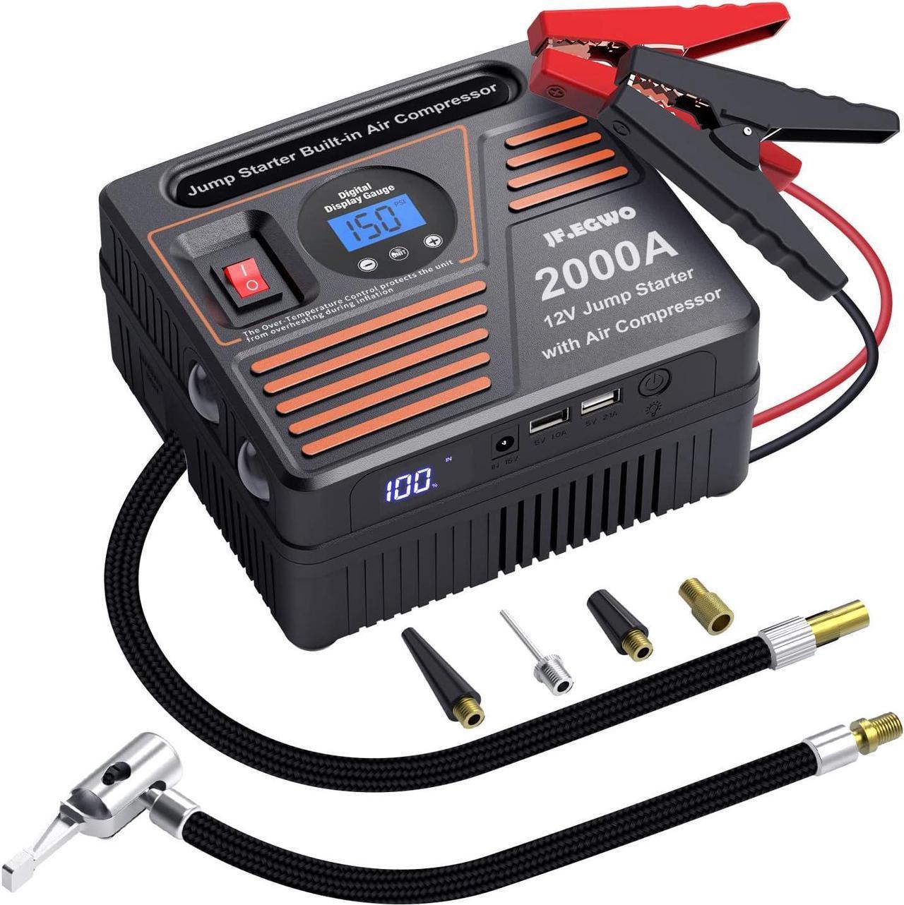 Main image of JF.EGWO 2000A Car Jump Starter with Air Compressor, 22000mAh Battery Booster (Up to 8.5L Gas or 8.0L Diesel Engine) &150 PSI Tire Inflator, Built-in 2 USB Ports and 2 LED Light