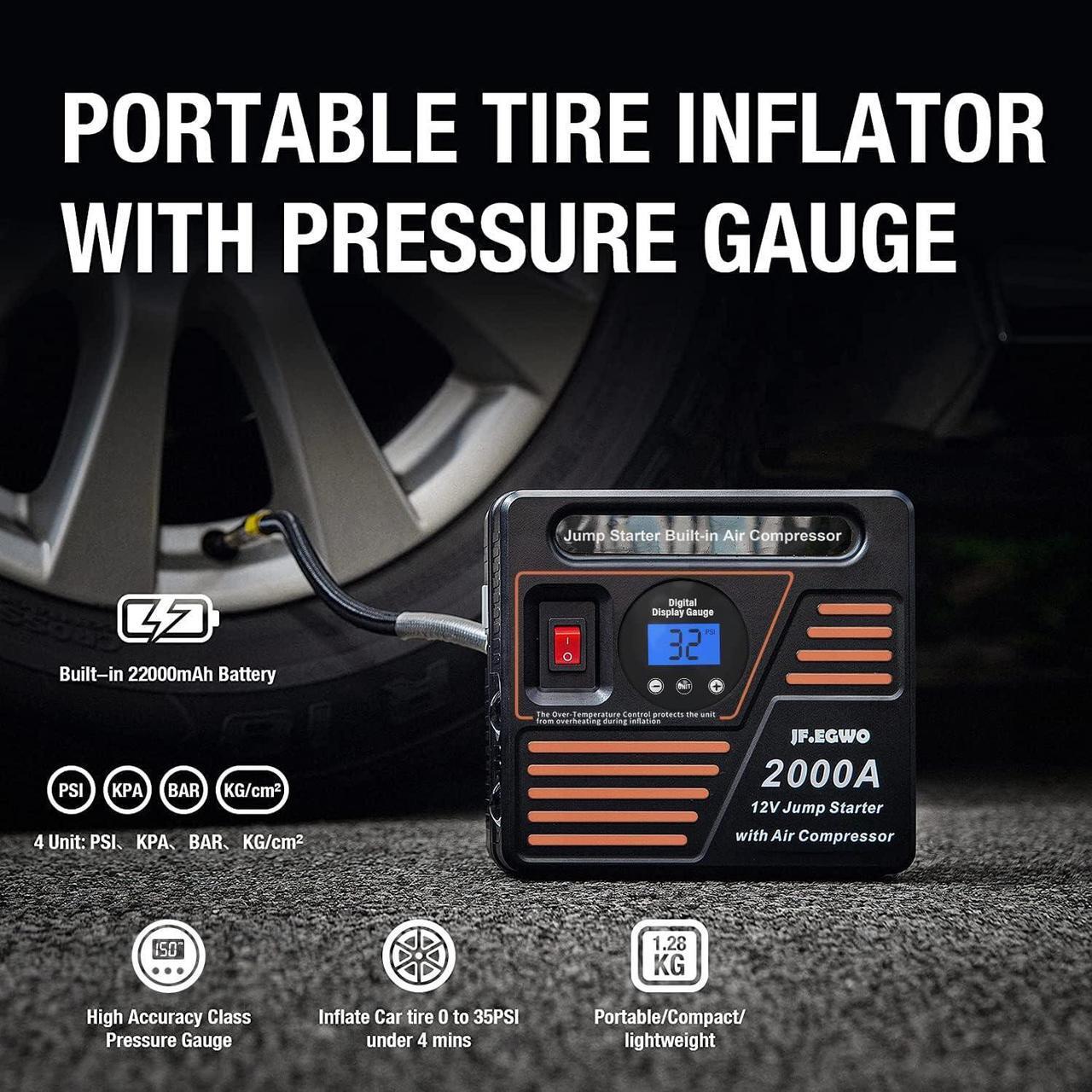 Alt view image 4 of 7 - JF.EGWO 2000A Car Jump Starter with Air Compressor, 22000mAh Battery Booster (Up to 8.5L Gas or 8.0L Diesel Engine) &150 PSI Tire Inflator, Built-in 2 USB Ports and 2 LED Light
