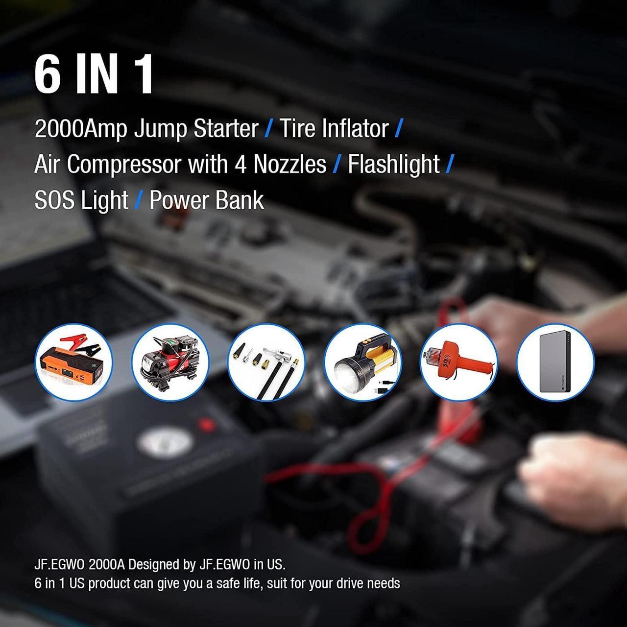 Alt view image 6 of 7 - JF.EGWO 2000A Car Jump Starter with Air Compressor, 22000mAh Battery Booster (Up to 8.5L Gas or 8.0L Diesel Engine) &150 PSI Tire Inflator, Built-in 2 USB Ports and 2 LED Light