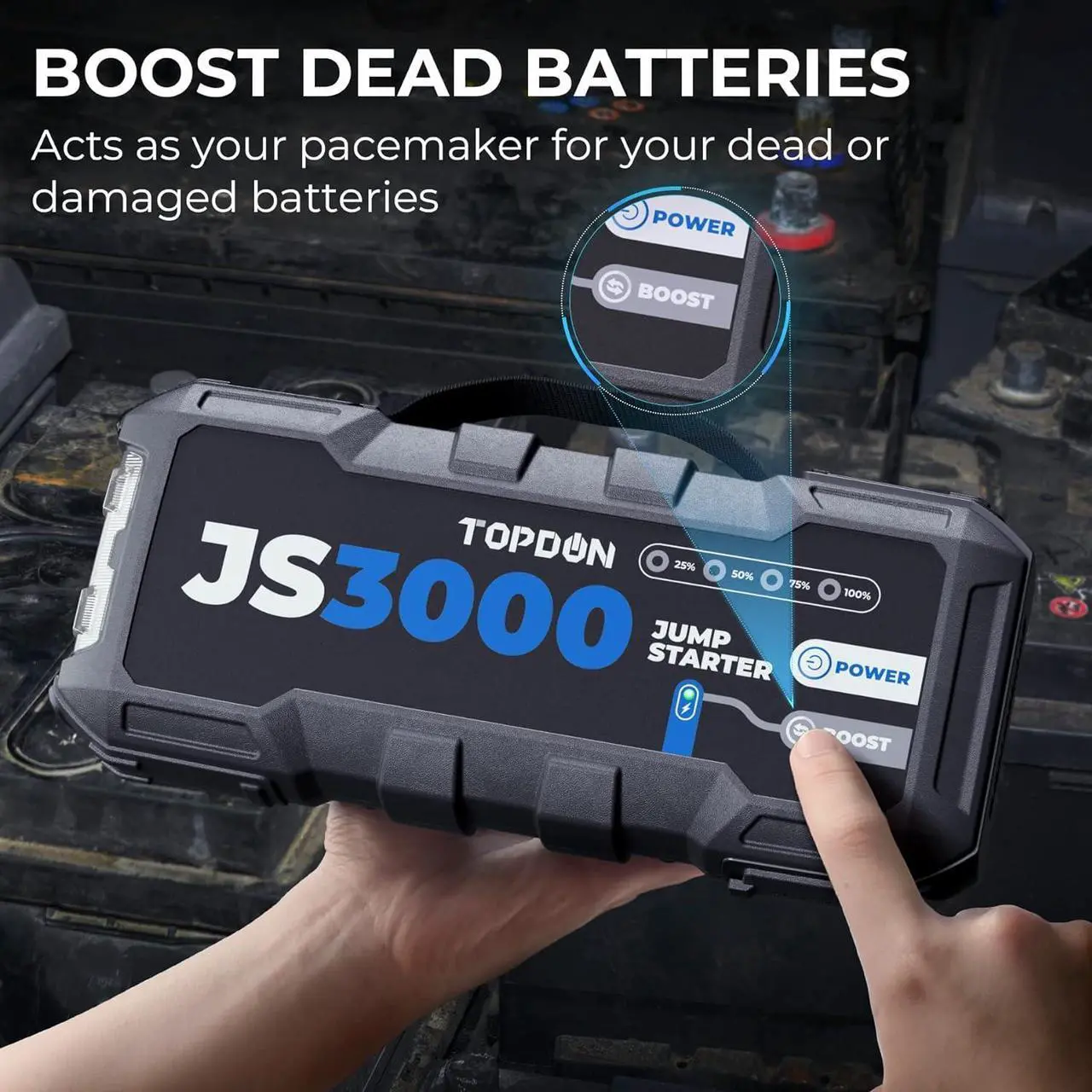 Alt view image 3 of 7 - TOPDON Jump Starter JS3000, 3000A/24000mAh Battery Booster Jump Starter Power Pack for Up to 9L Gas/ 7L Diesel Engines, Portable Jump Starter Power Bank with Handle/Jumper Cable/EVA Case
