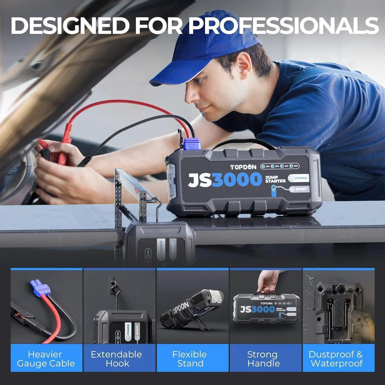 Alt view image 7 of 7 - TOPDON Jump Starter JS3000, 3000A/24000mAh Battery Booster Jump Starter Power Pack for Up to 9L Gas/ 7L Diesel Engines, Portable Jump Starter Power Bank with Handle/Jumper Cable/EVA Case
