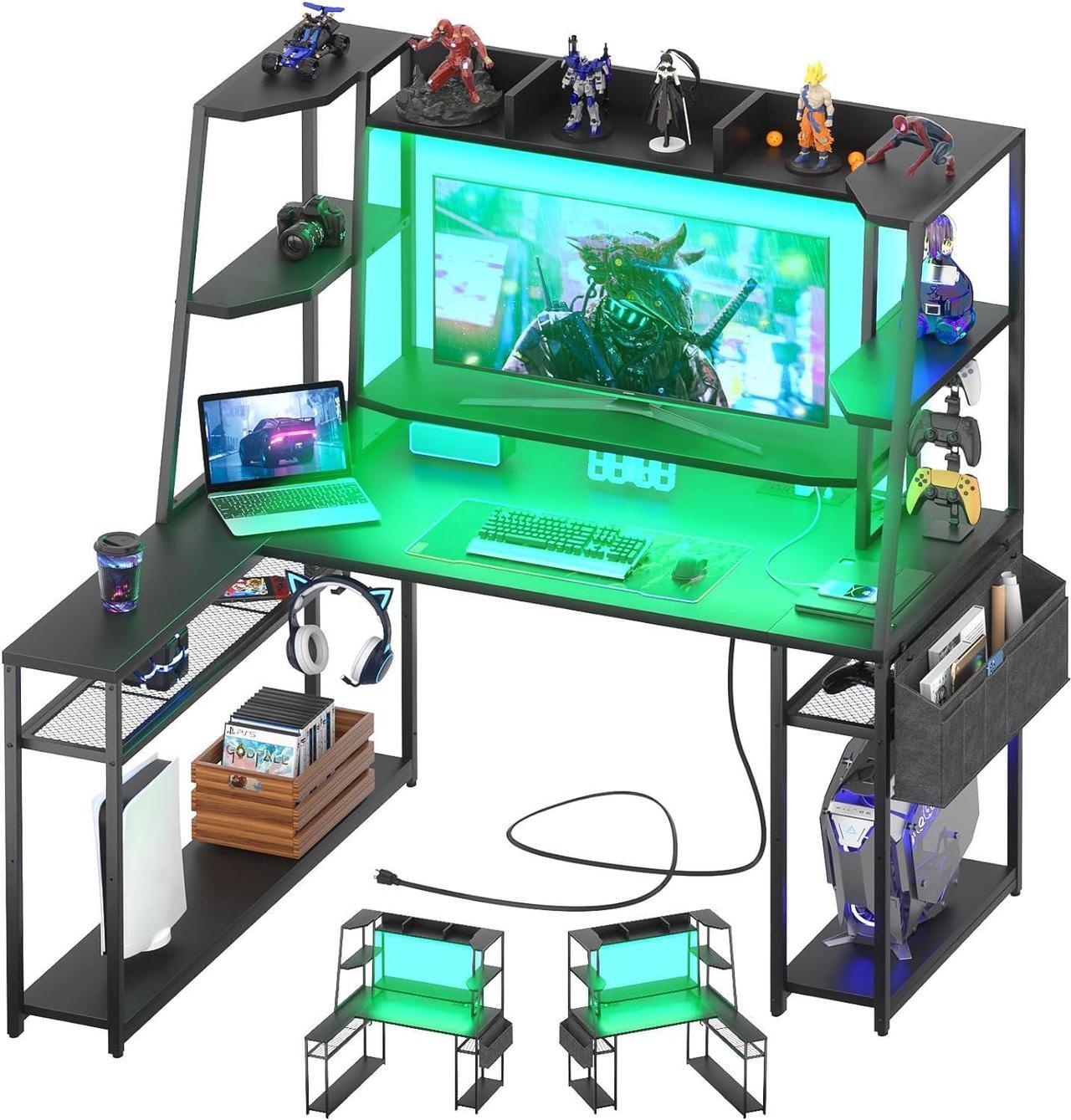 Main image of L Shaped Gaming Desk with Hutch & Shelves, 47'' Gaming Computer Desk with LED Lights & Power Strips, Reversible PC Gaming Desk L Shape with Storage, L Desk for Gaming with Monitor Stand, Black
