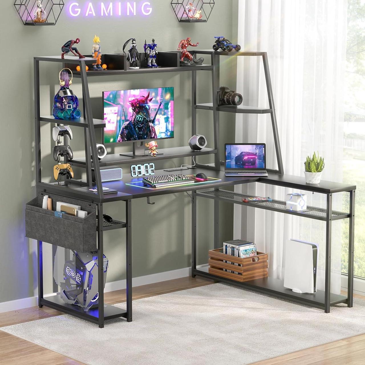 Alt view image 2 of 7 - L Shaped Gaming Desk with Hutch & Shelves, 47'' Gaming Computer Desk with LED Lights & Power Strips, Reversible PC Gaming Desk L Shape with Storage, L Desk for Gaming with Monitor Stand, Black
