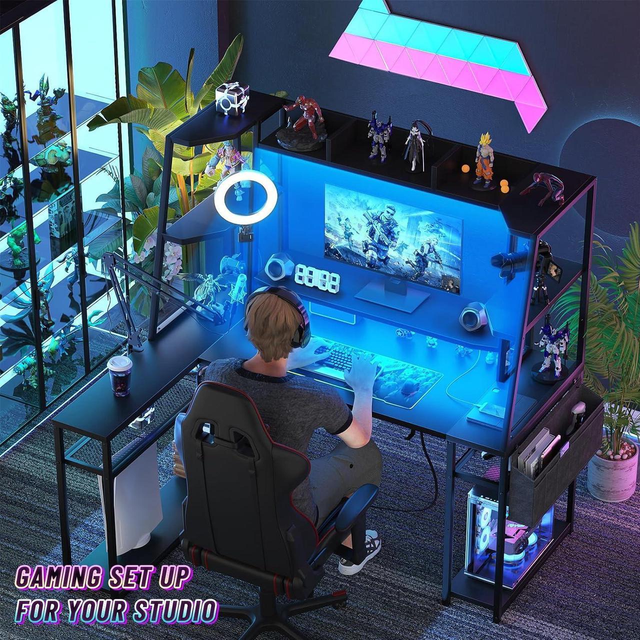 Alt view image 4 of 7 - L Shaped Gaming Desk with Hutch & Shelves, 47'' Gaming Computer Desk with LED Lights & Power Strips, Reversible PC Gaming Desk L Shape with Storage, L Desk for Gaming with Monitor Stand, Black