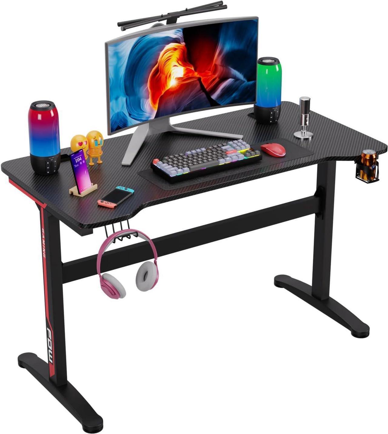 FDW Gaming Desk, 47.2 Inches Writing Office Student PC Computer Desk Extra Large Modern Ergonomic Racing Style Table Workstation Carbon Fiber with Cup Holder Headphone Hook, Red