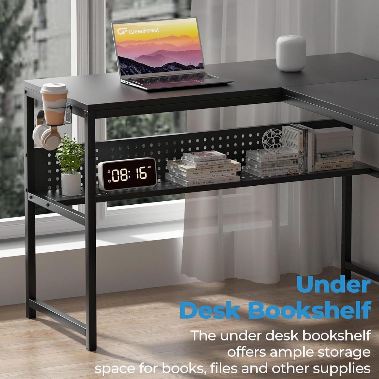Alt view image 4 of 7 - GreenForest 69 inch L Shaped Computer Desk, Corner Desk with Drawers and Power Outlet, Home Office Desk, Gaming Table with Storage and Long Monitor Shelf, Black